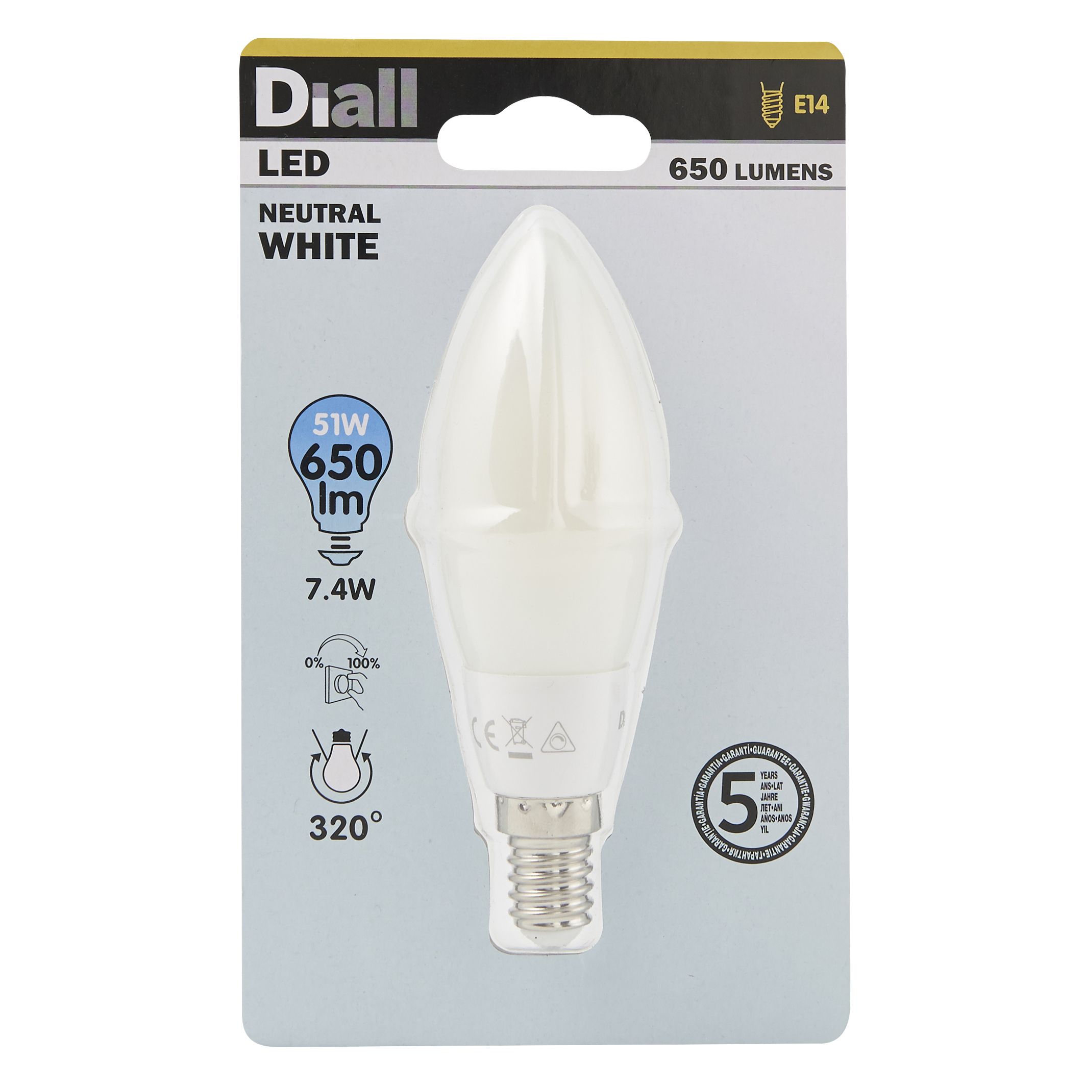 Diall E14 7W 650lm Candle Neutral white LED Dimmable Light bulb