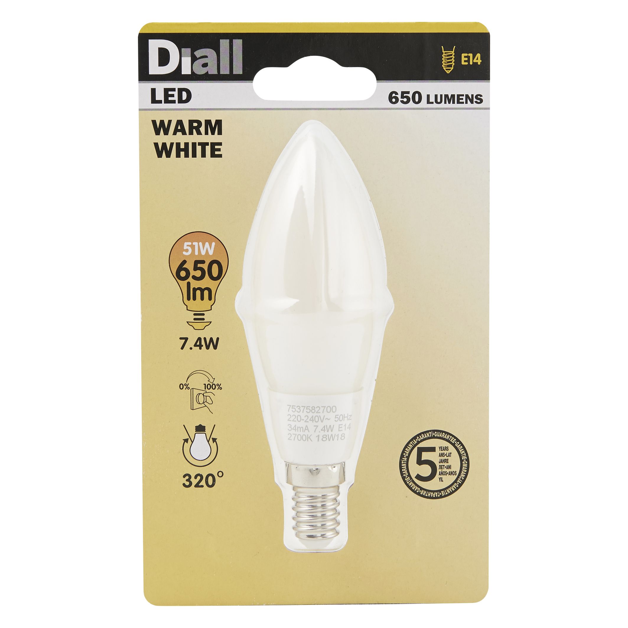 Diall E14 7W 650lm Candle Warm white LED Dimmable Light bulb