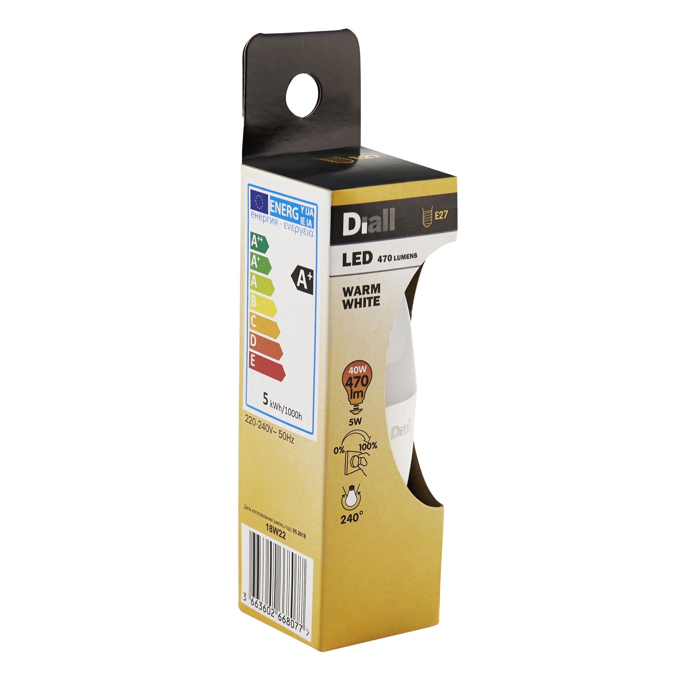 Diall E27 5W 470lm Candle Warm white LED Dimmable Light bulb