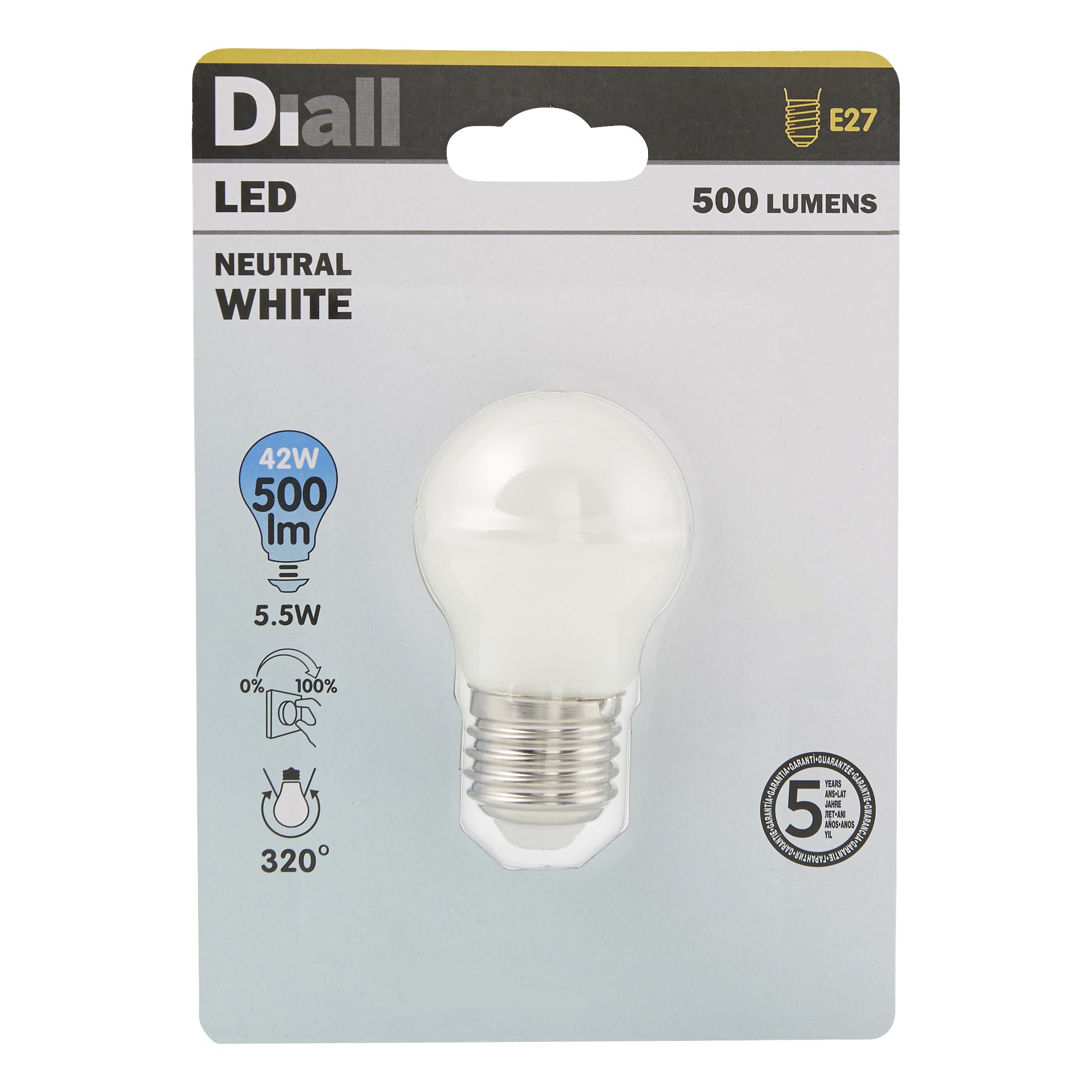 Diall E27 6W 500lm Mini globe Neutral white LED Dimmable Light bulb