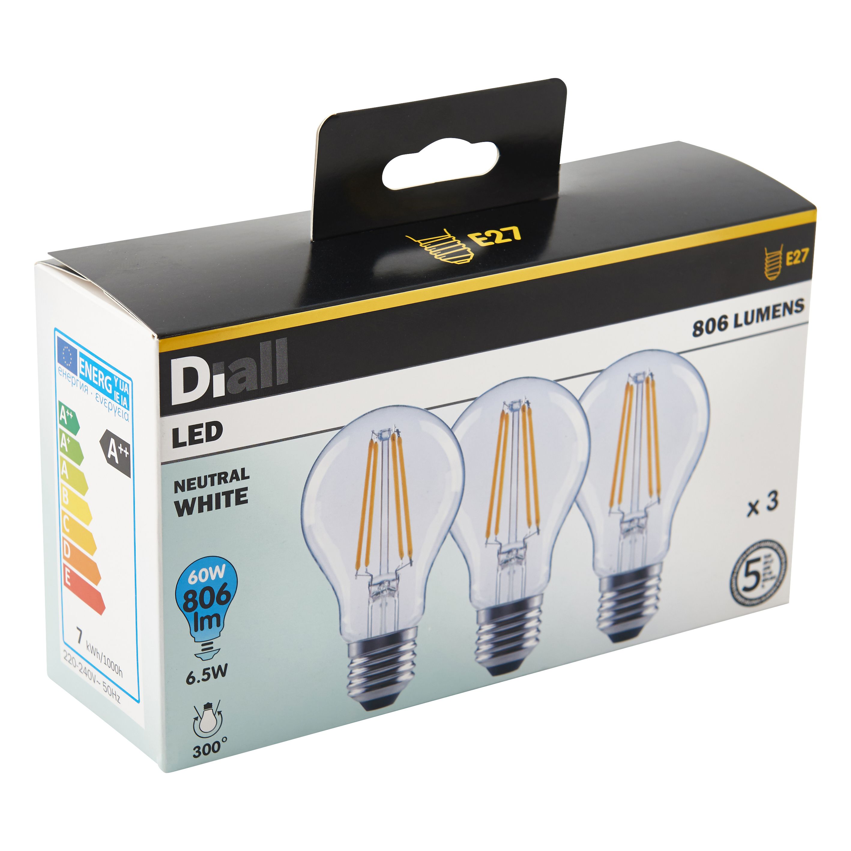 Diall E27 7W 806lm GLS Neutral white LED Light bulb, Pack of 3