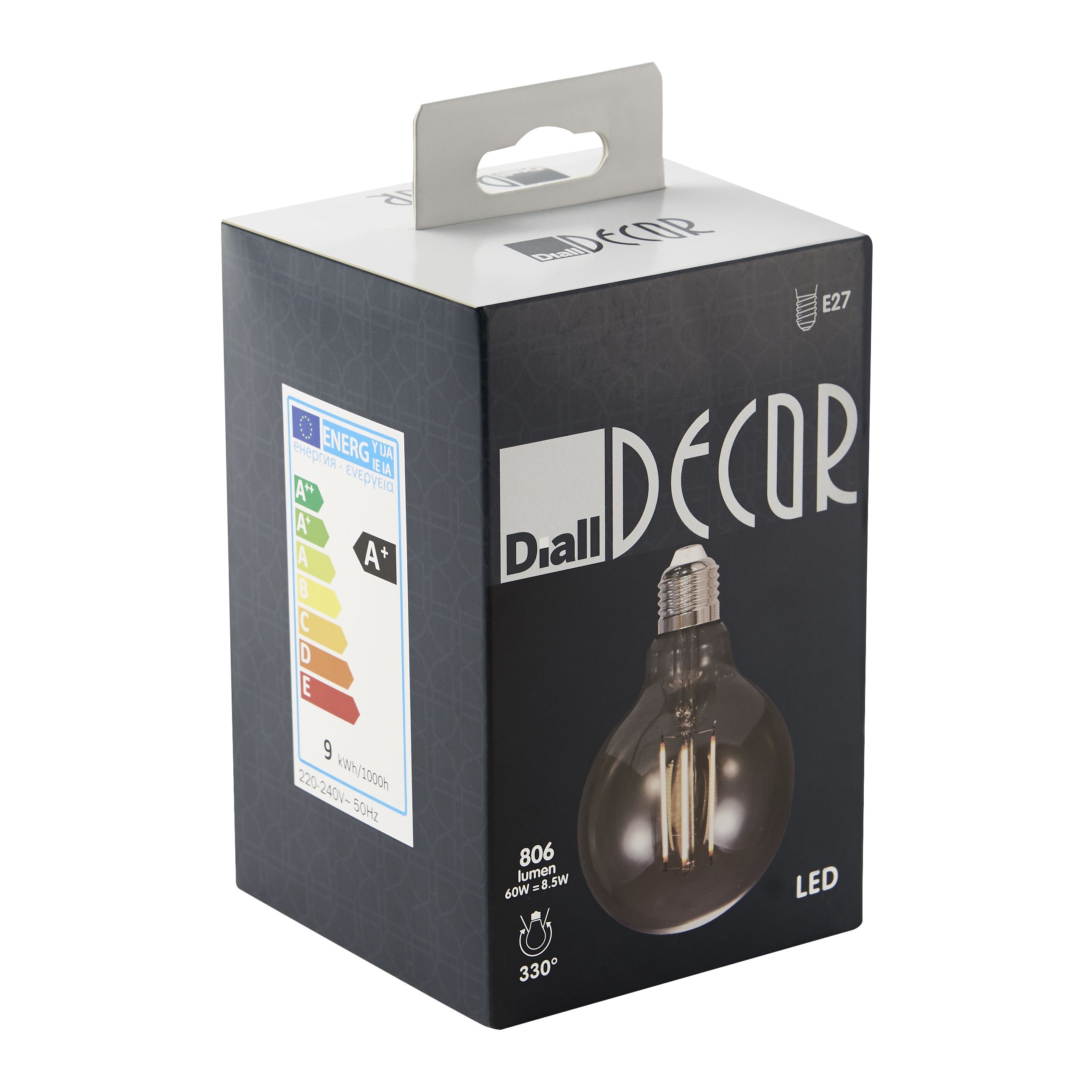 Diall E27 9W 806lm 300° Smoked Globe Neutral white LED Filament Light bulb
