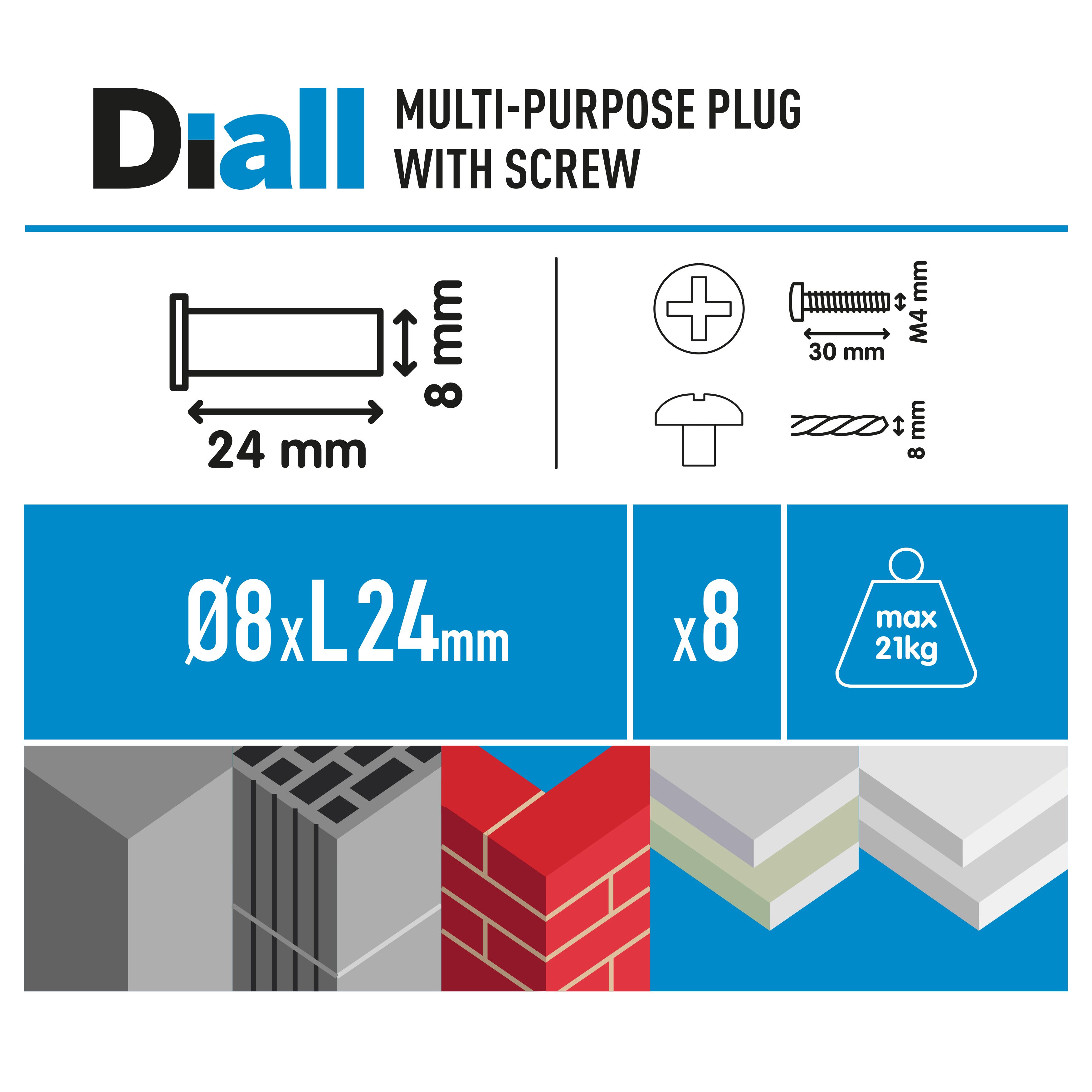 Diall Flexi Black Multi-purpose screw & wall plug (Dia)8mm (L)24mm, Pack of 8