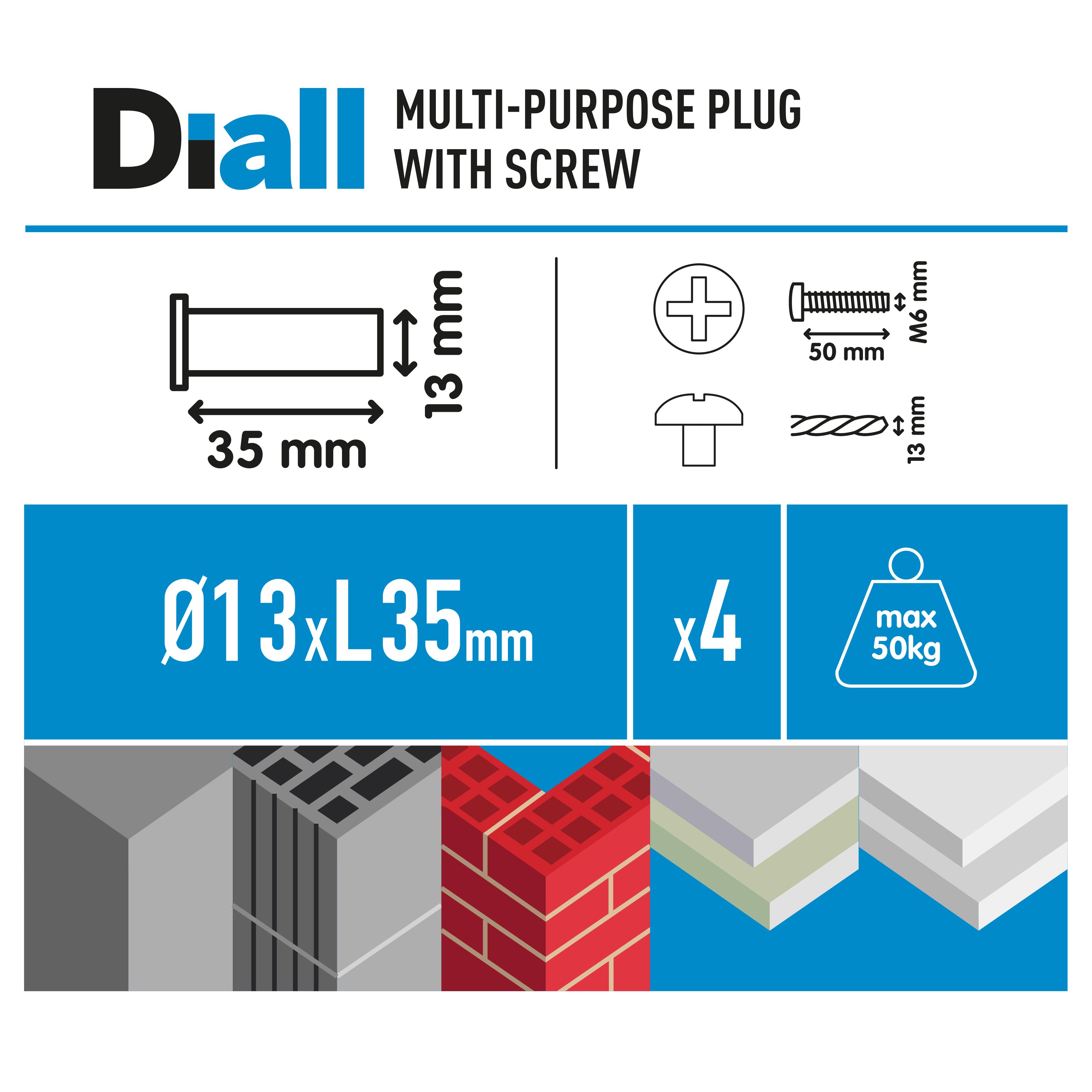 Diall Flexi plug Black Multi-purpose screw & wall plug (Dia)13mm (L)35mm, Pack of 4