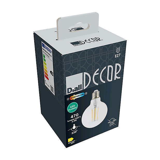 G95 Diall Filament Globe 3.4W E27 Warm Clear at white DIY Light | bulb B&Q 470lm LED