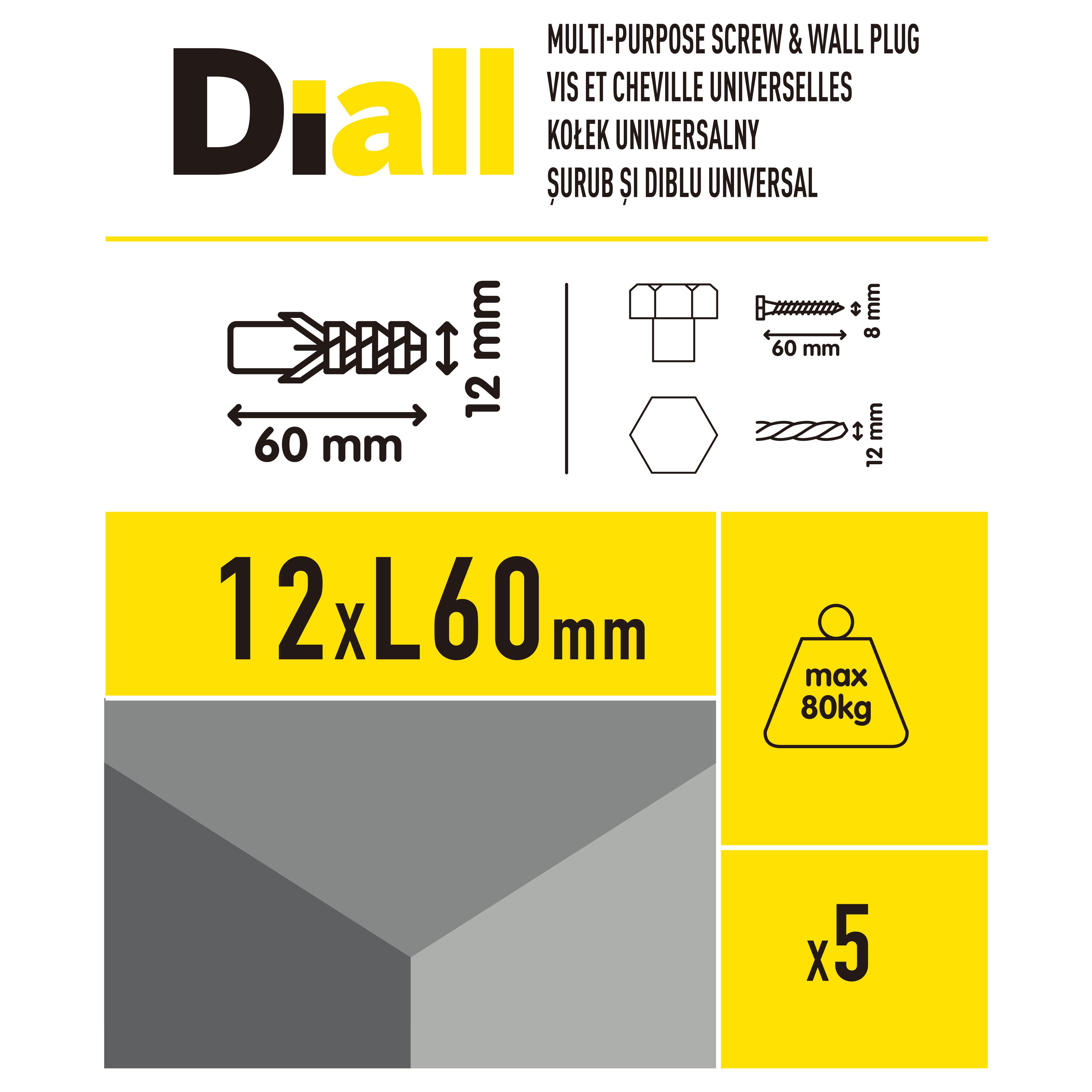 Diall Grey Multi-purpose screw & wall plug (Dia)12mm (L)60mm, Pack of 5