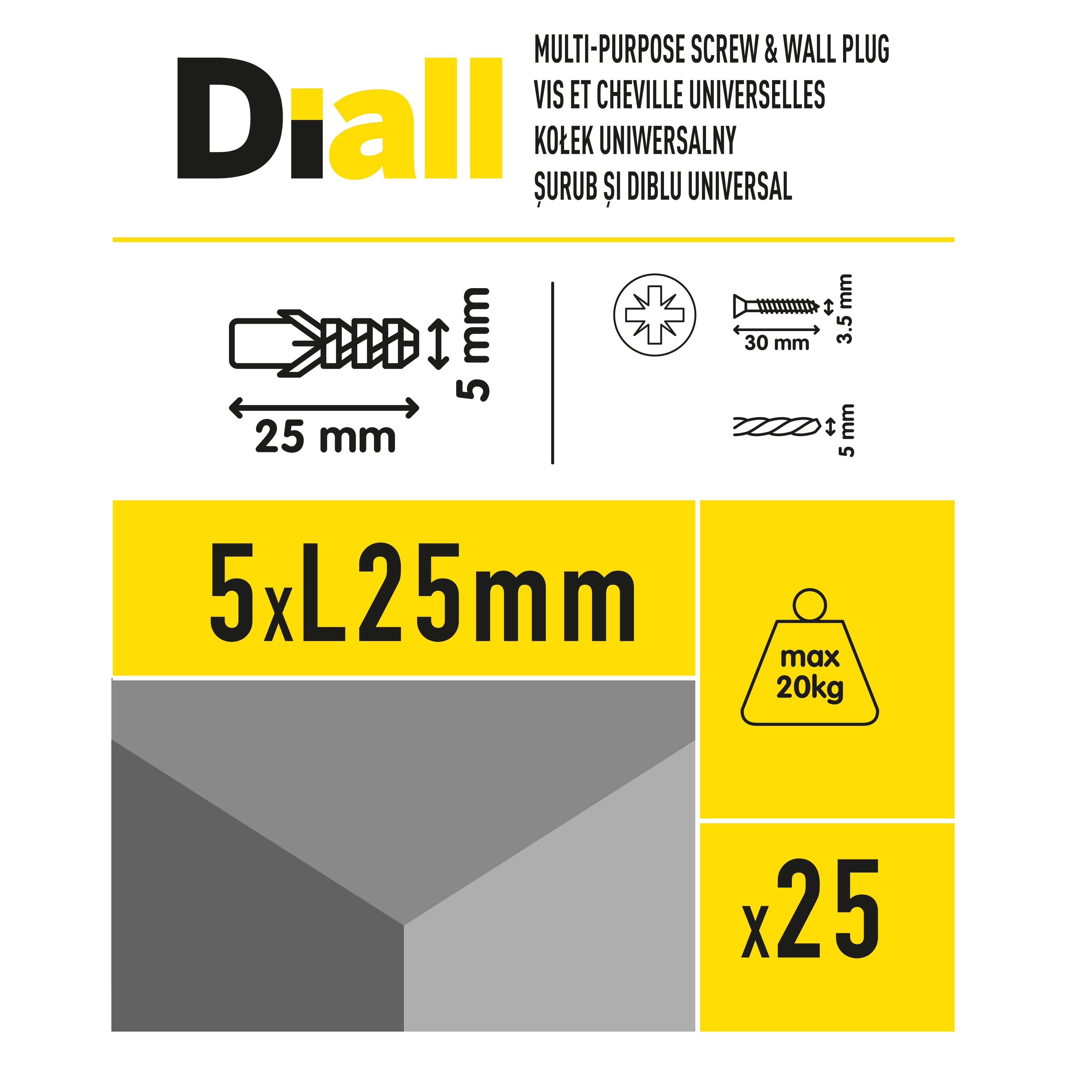 Diall Grey Multi-purpose screw & wall plug (Dia)5mm (L)25mm, Pack of 25