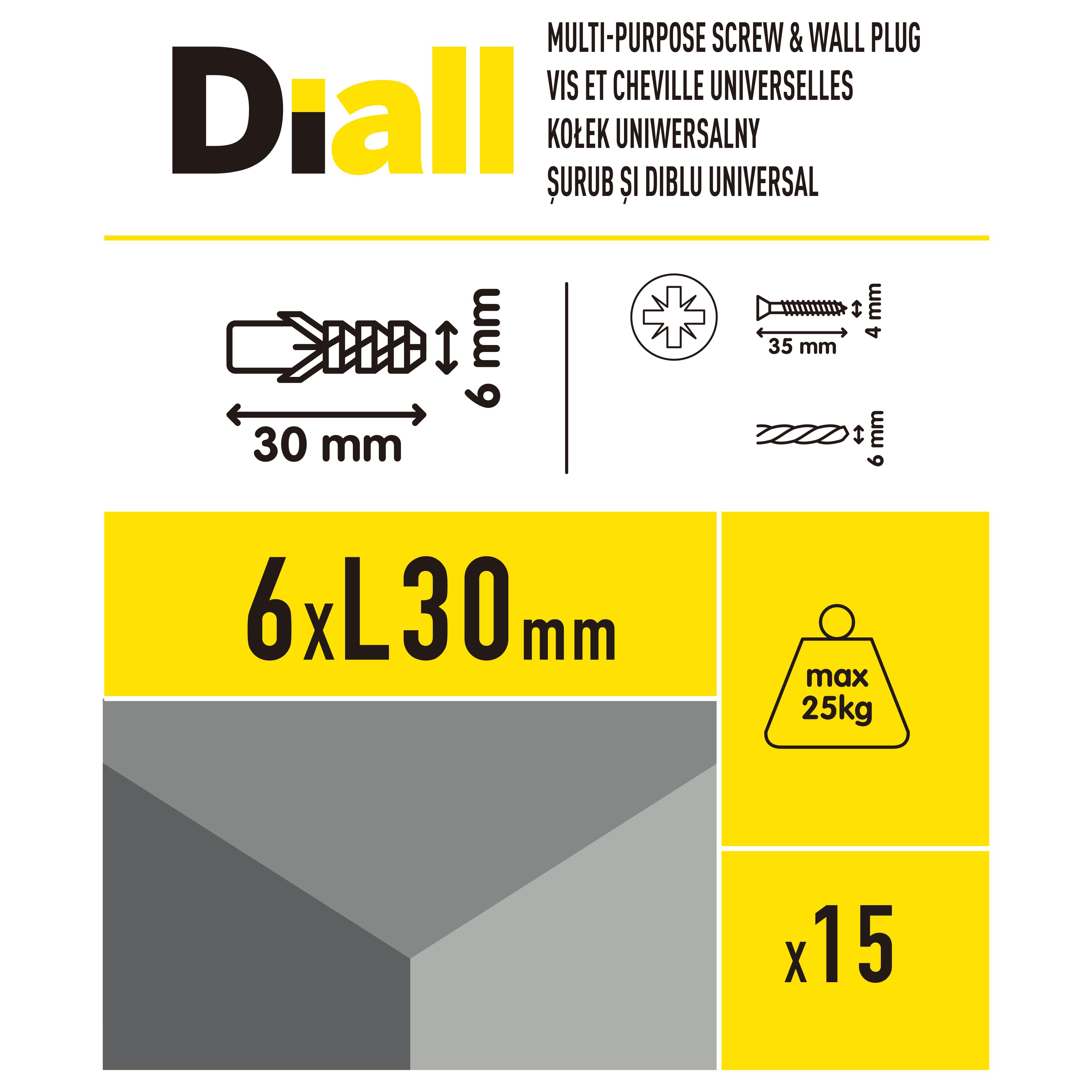 Diall Grey Multi-purpose screw & wall plug (Dia)6mm (L)30mm, Pack of 15