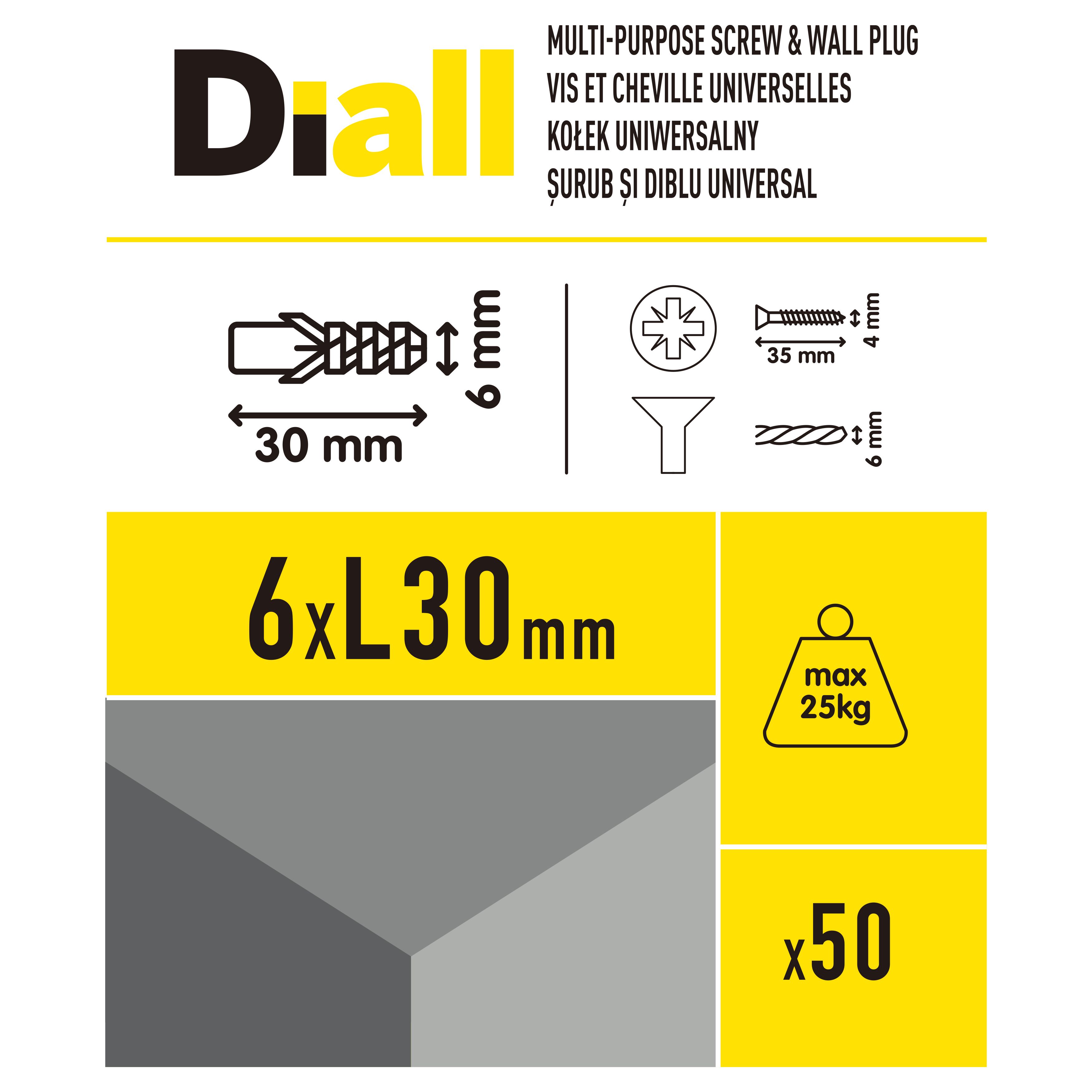 Diall Grey Multi-purpose screw & wall plug (Dia)6mm (L)30mm, Pack of 50