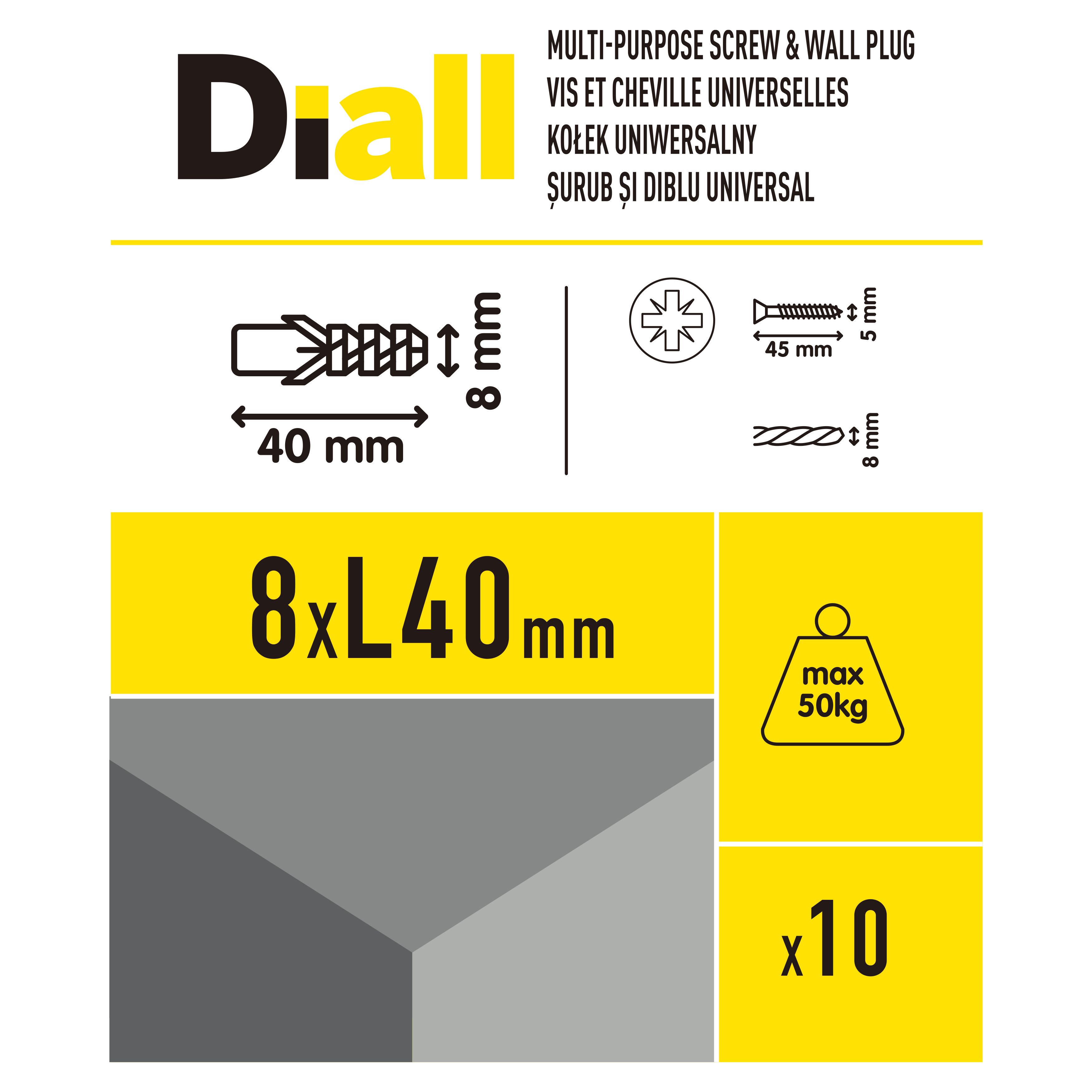 Diall Grey Multi-purpose screw & wall plug (Dia)8mm (L)40mm, Pack of 10