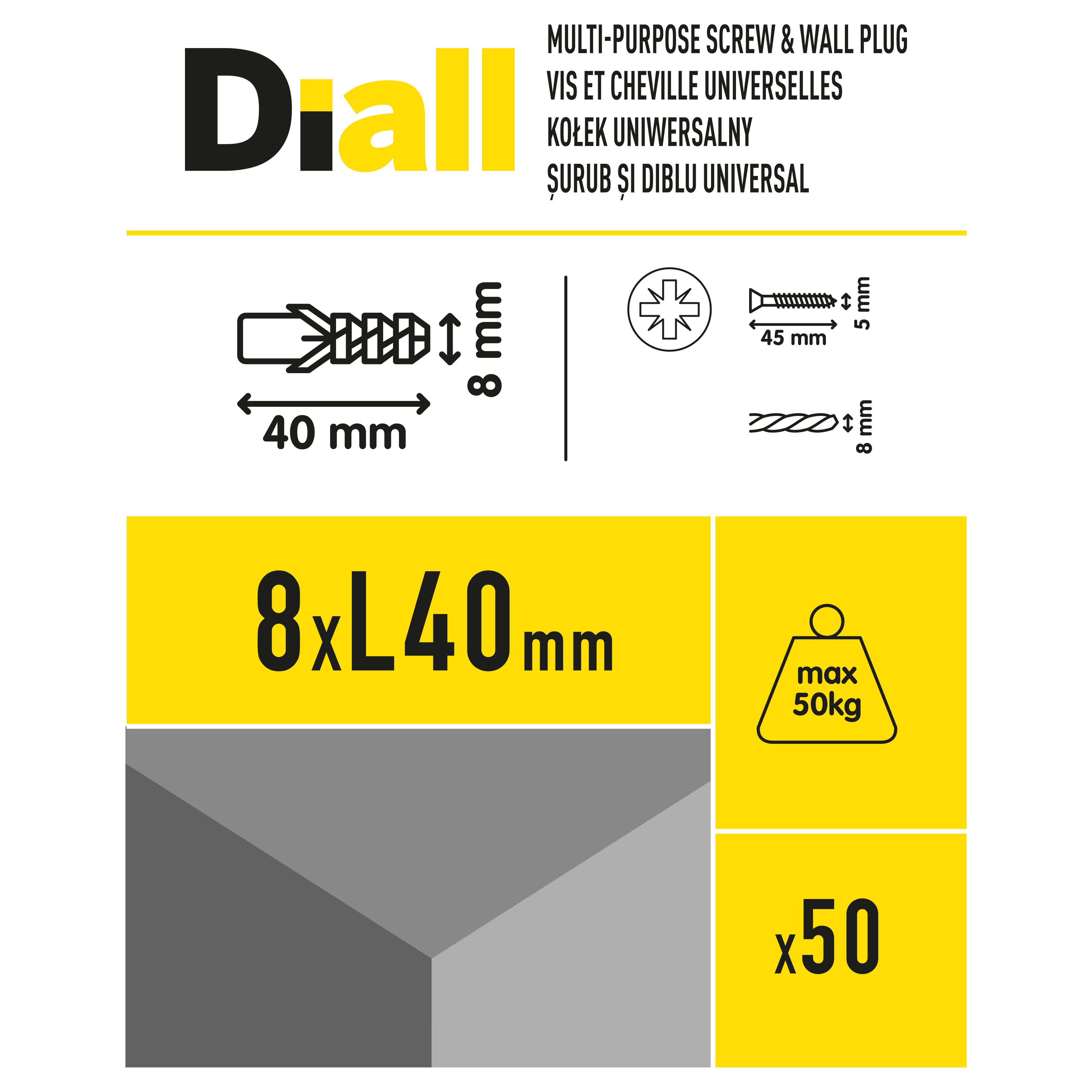 Diall Grey Multi-purpose screw & wall plug (Dia)8mm (L)40mm, Pack of 50