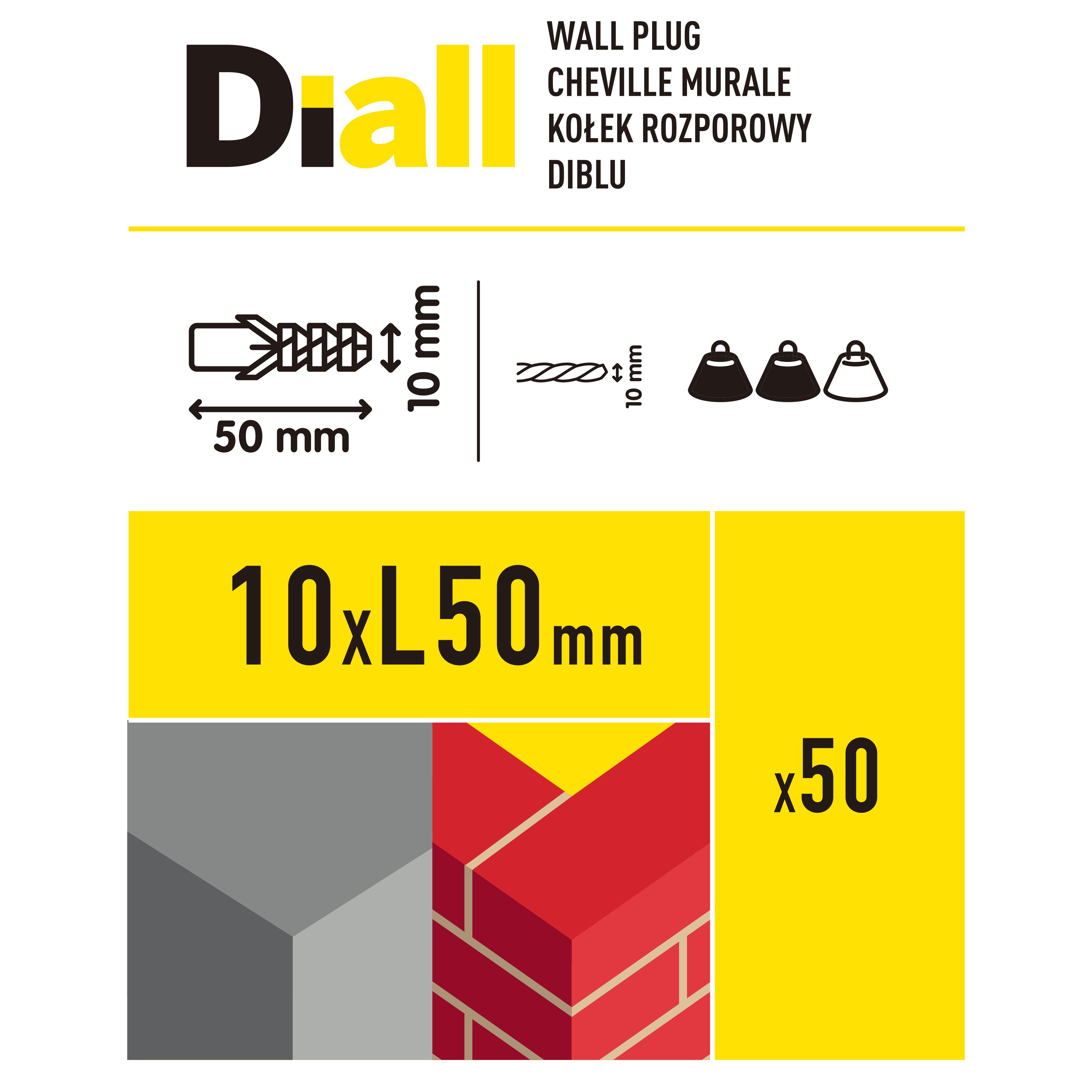 Diall Grey Nylon Wall plug (Dia)10mm (L)50mm, Pack of 50