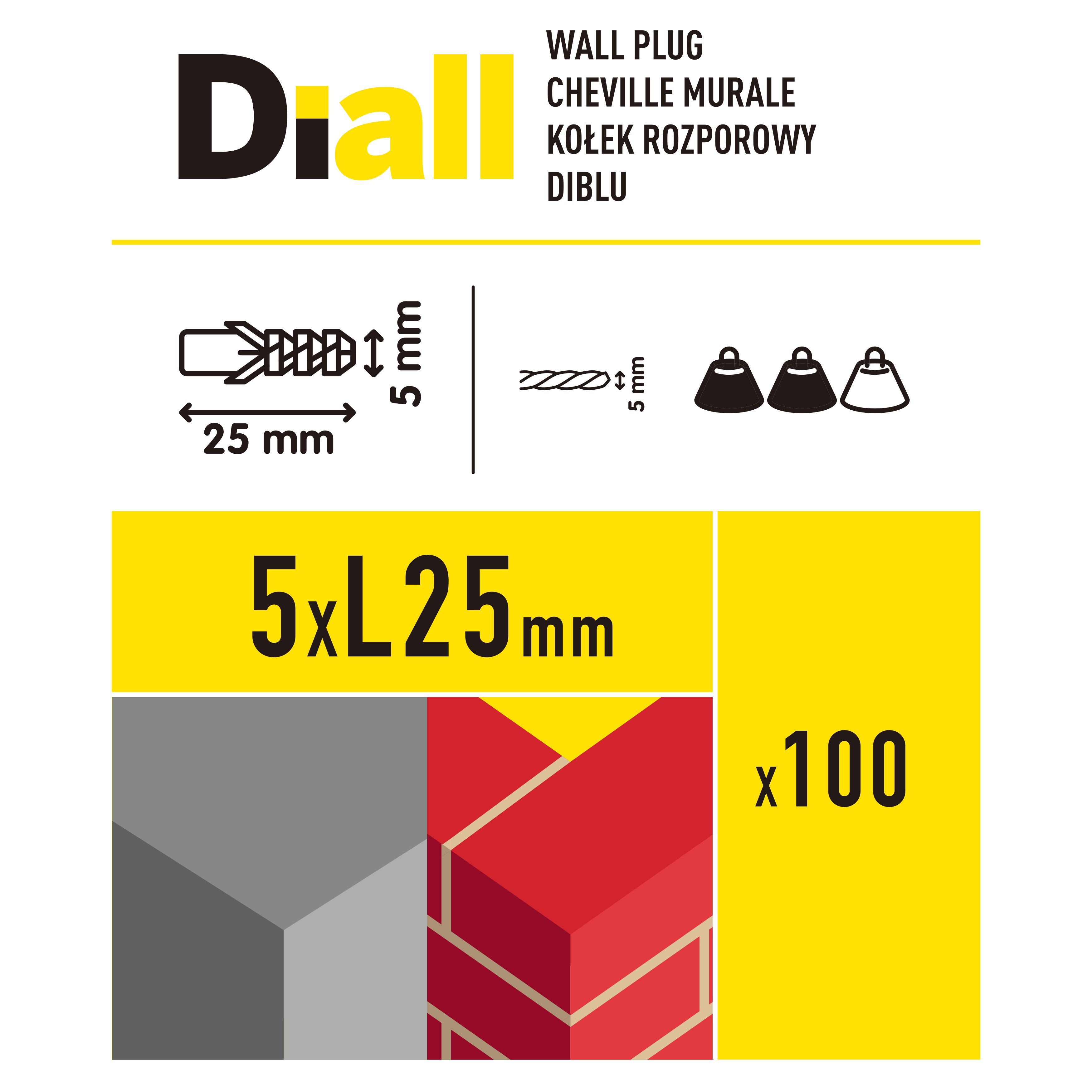 Diall Grey Nylon Wall plug (Dia)5mm (L)25mm, Pack of 100