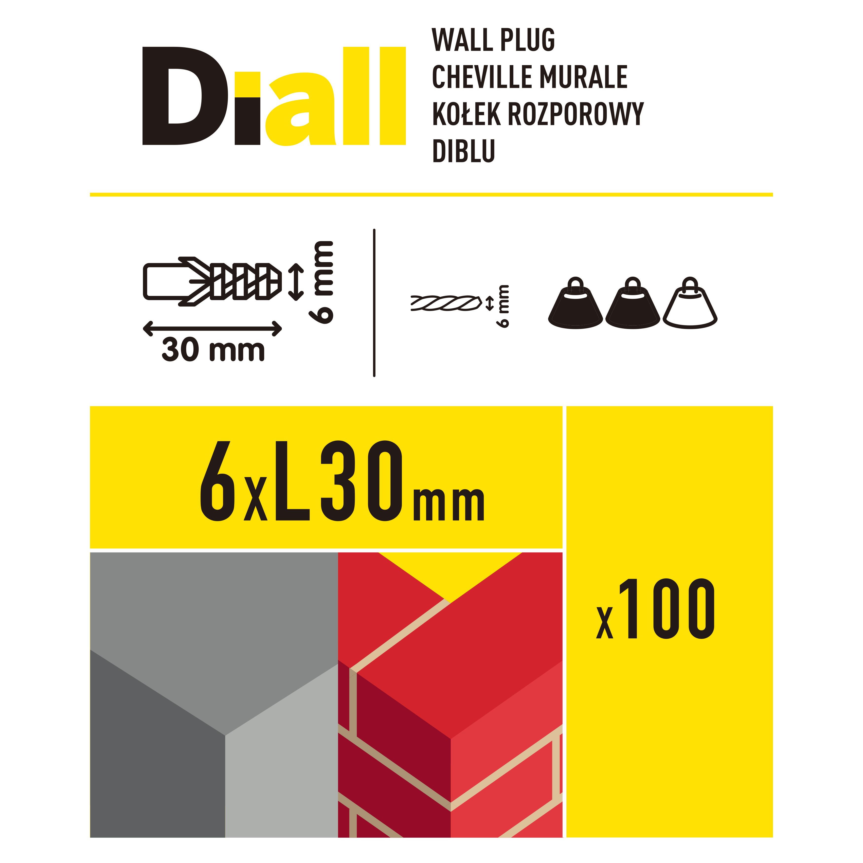 Diall Grey Nylon Wall plug (Dia)6mm (L)30mm, Pack of 100