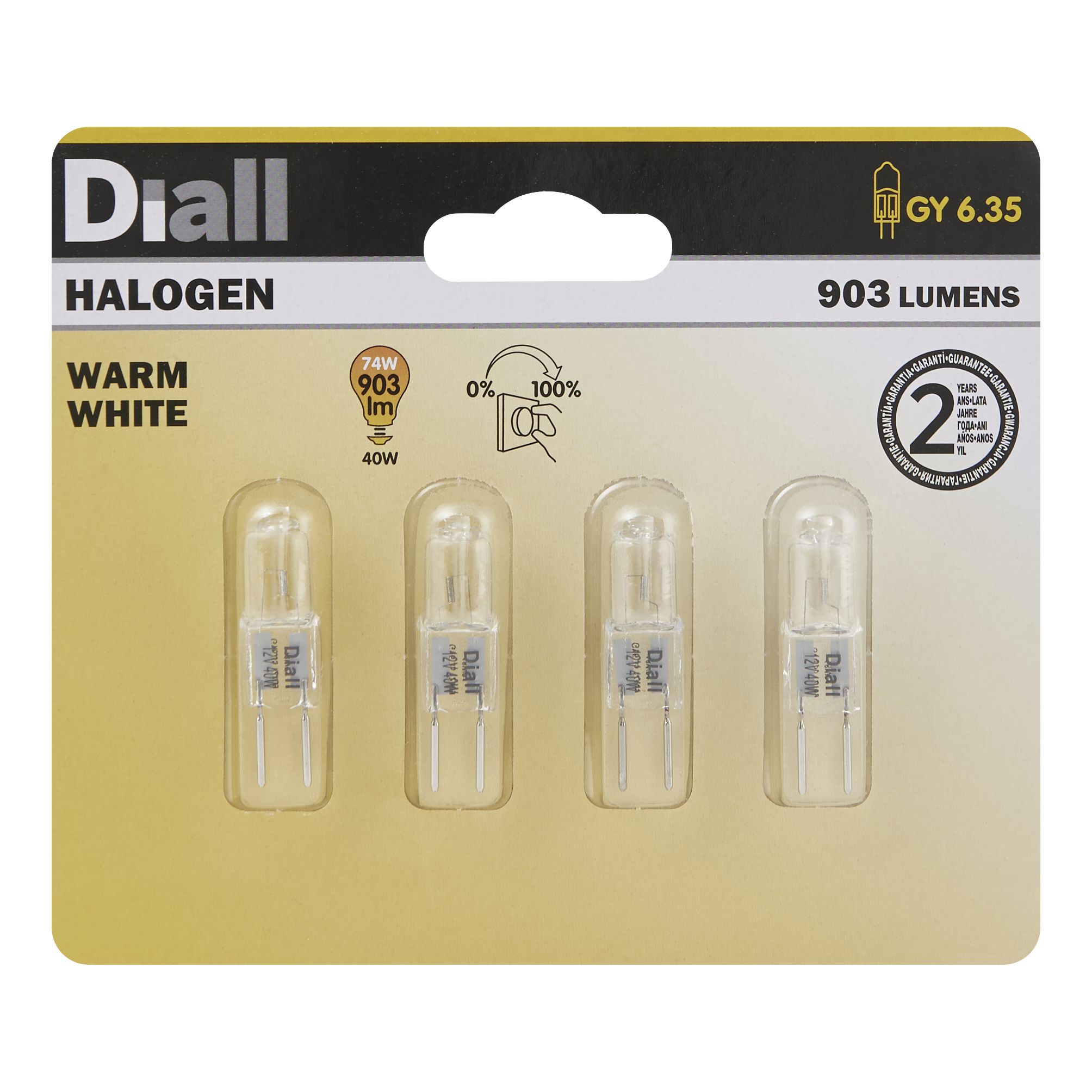 Diall GY6.35 40W Capsule Warm white Halogen Dimmable Light bulb, Pack of 4
