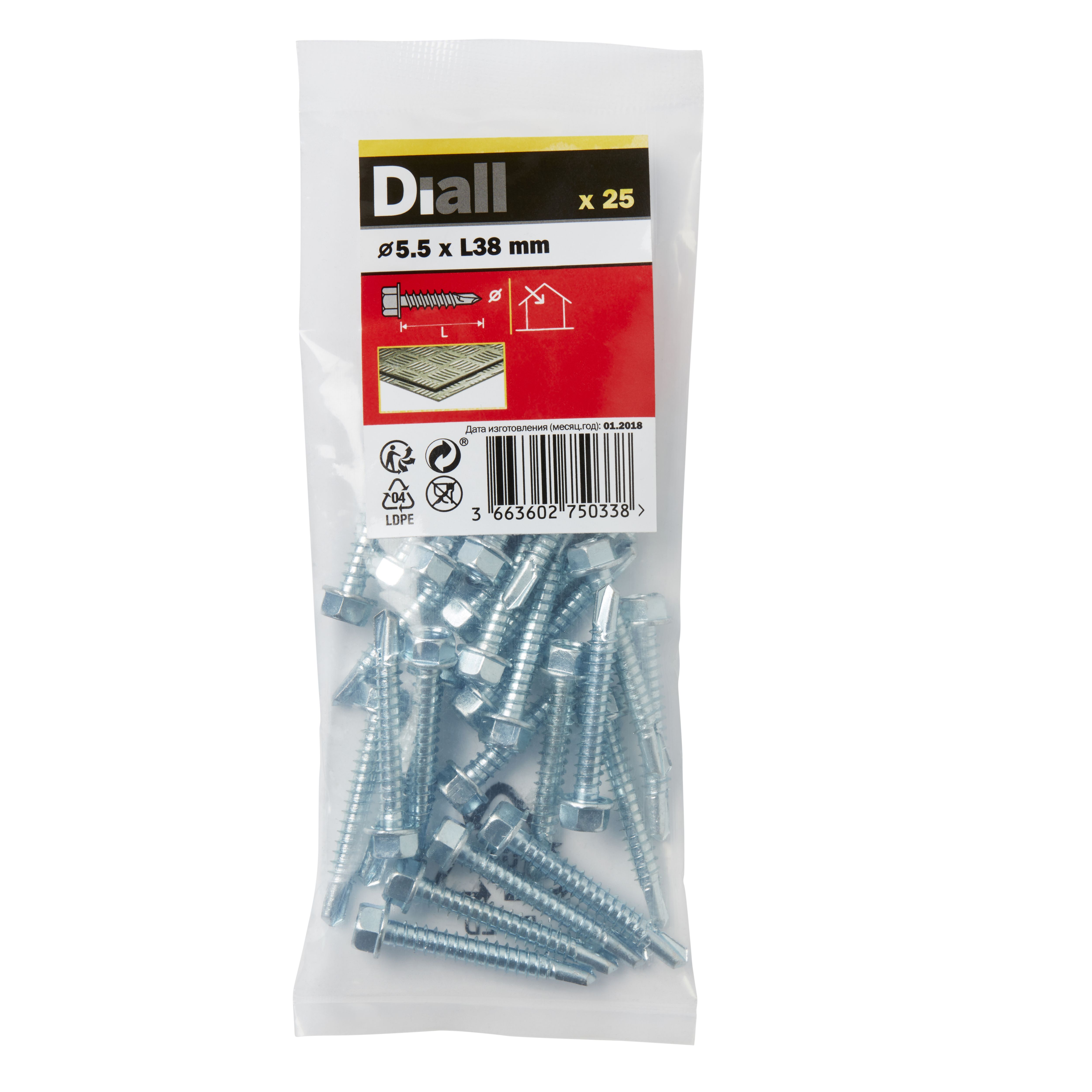 Diall Hex Zinc-plated Carbon steel Screw (Dia)5.5mm (L)38mm, Pack of 25