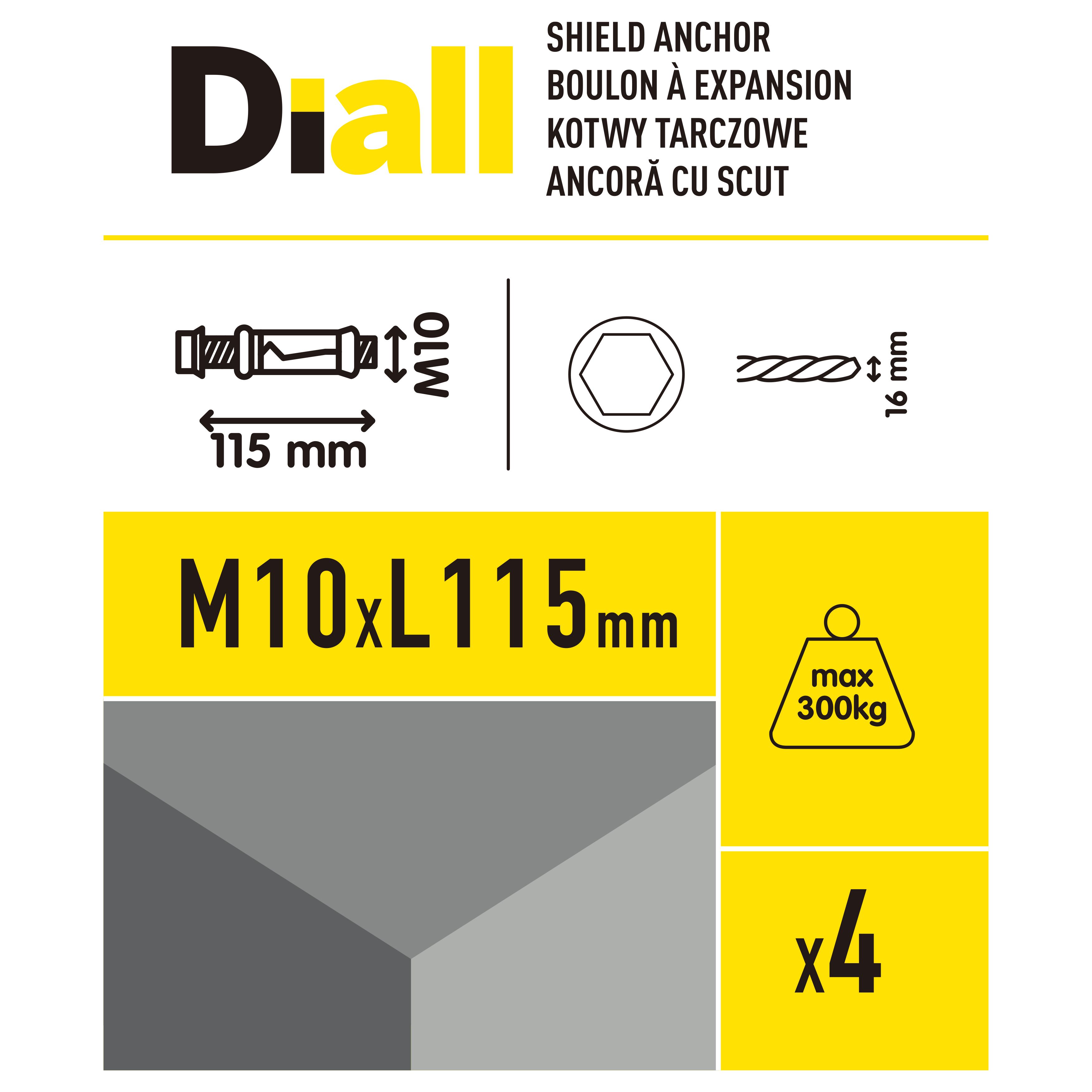 Diall M10 Hex Bolt Steel Shield anchor (L)115mm, Pack of 4