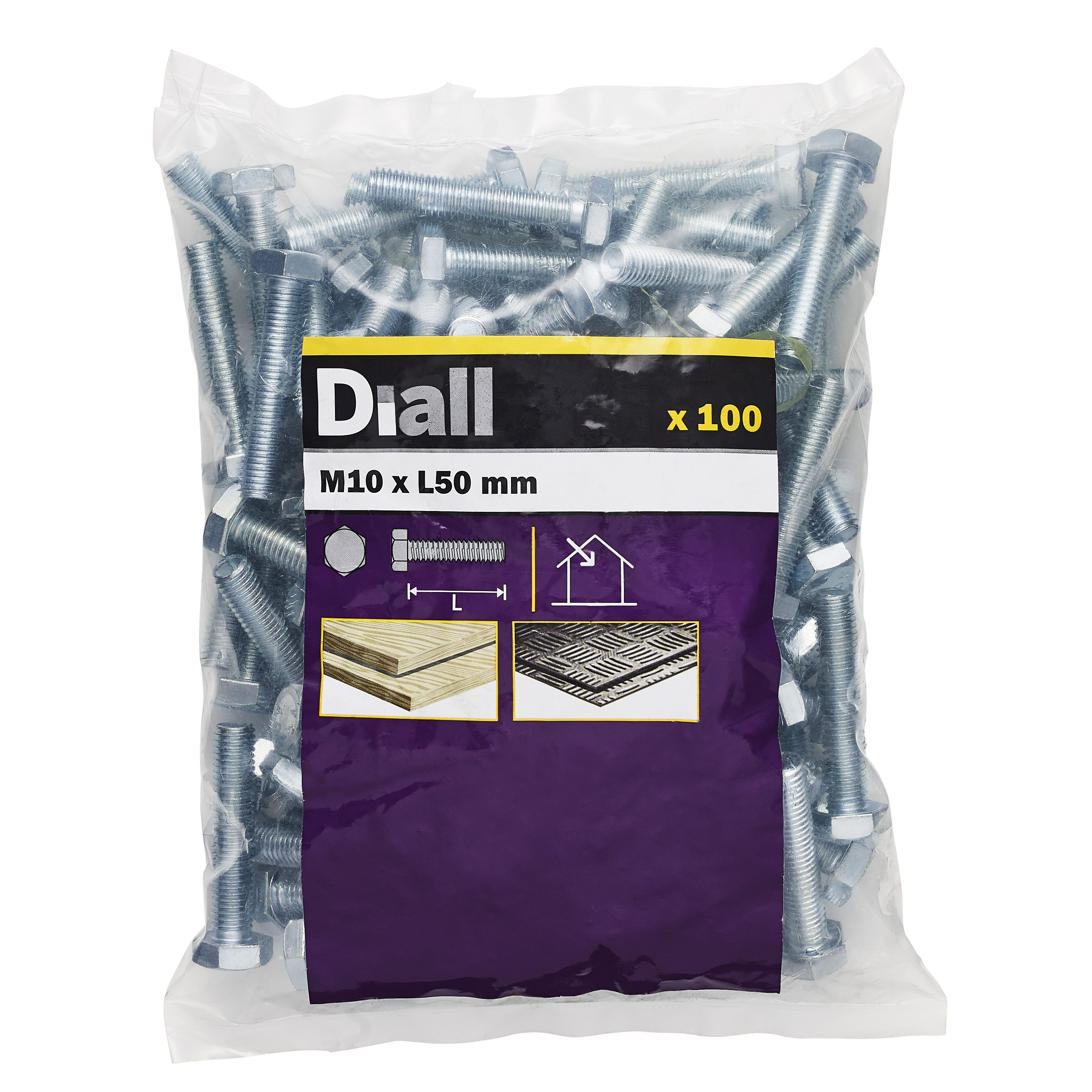 Diall M10 Hex Carbon steel (grade 5.8) Bolt & nut (L)50mm, Pack of 100