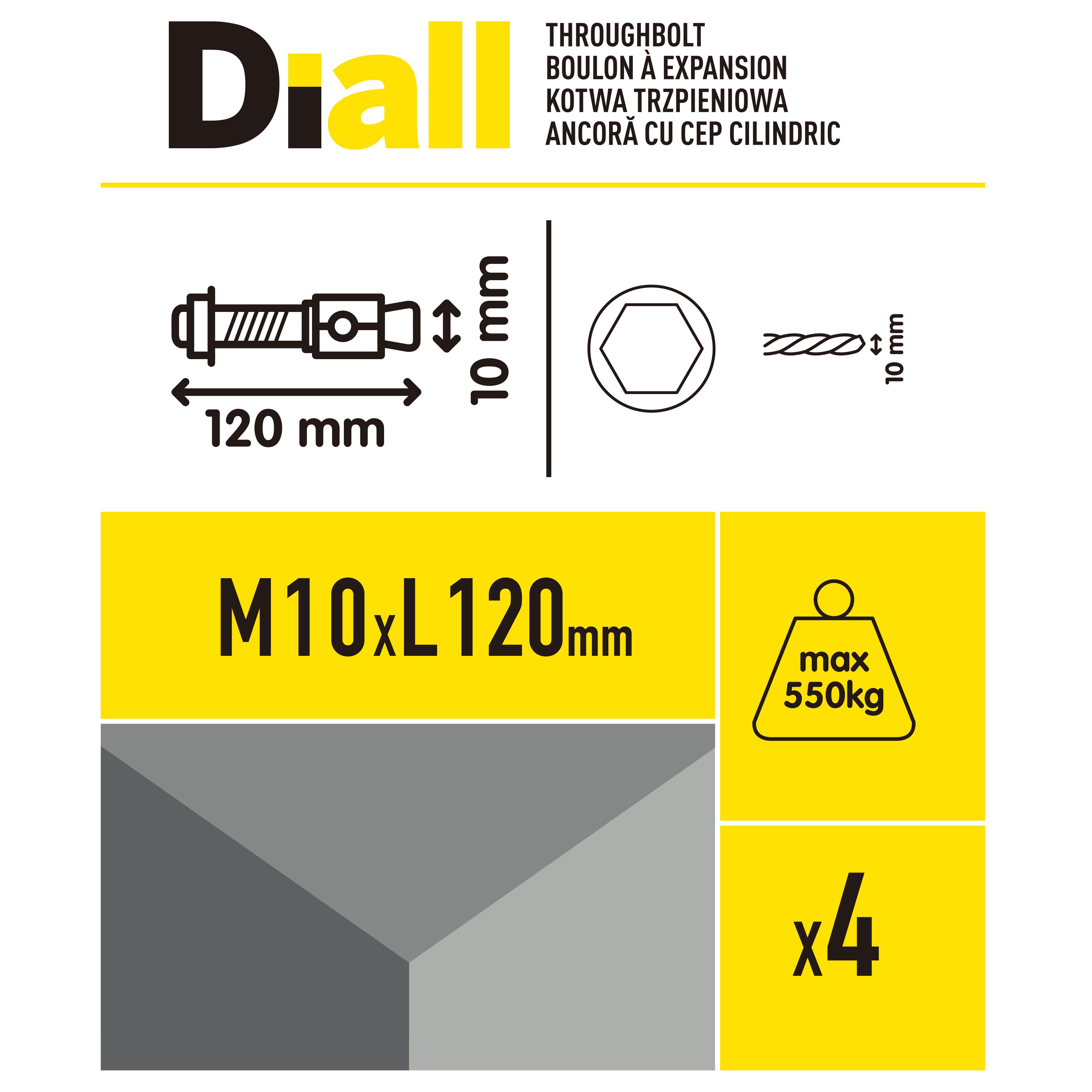 Diall M10 Steel Through bolt, nut & washer (L)120mm, Pack of 4
