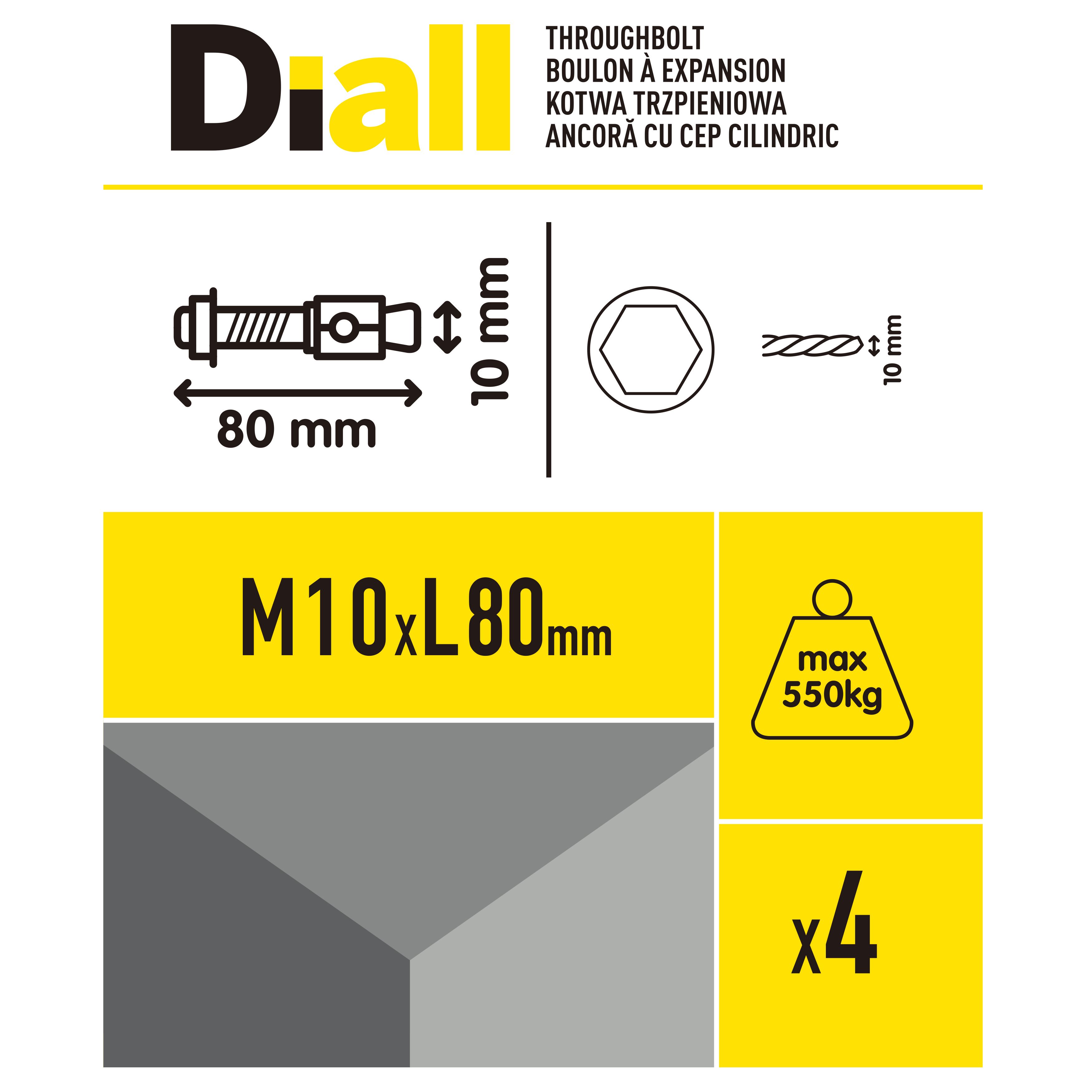Diall M10 Steel Through bolt, nut & washer (L)80mm, Pack of 4
