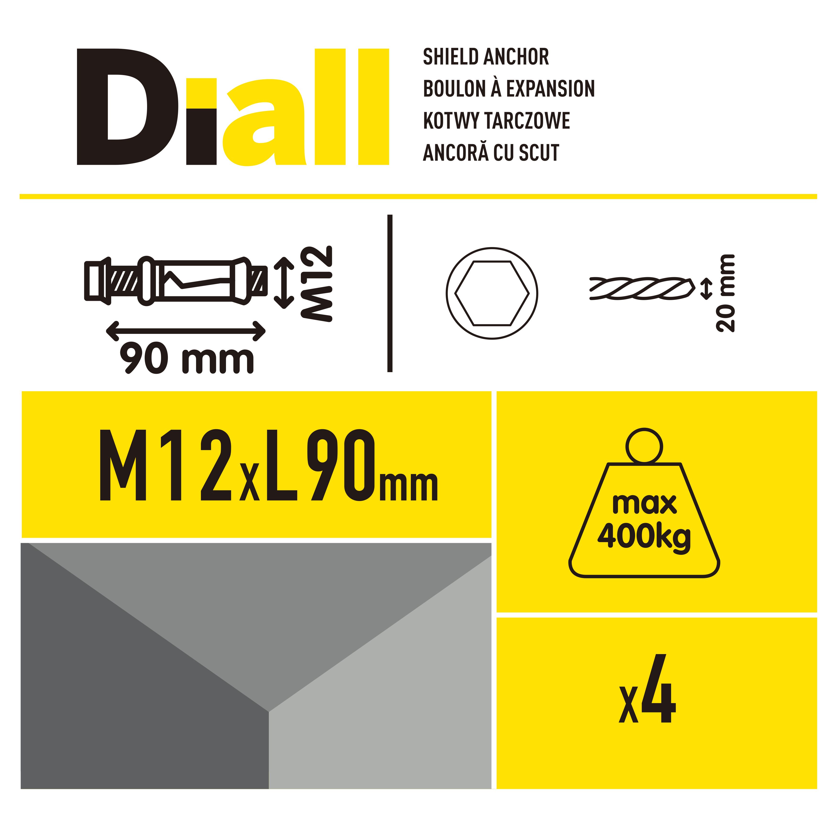 Diall M12 Hex Bolt Steel Shield anchor (L)90mm, Pack of 4