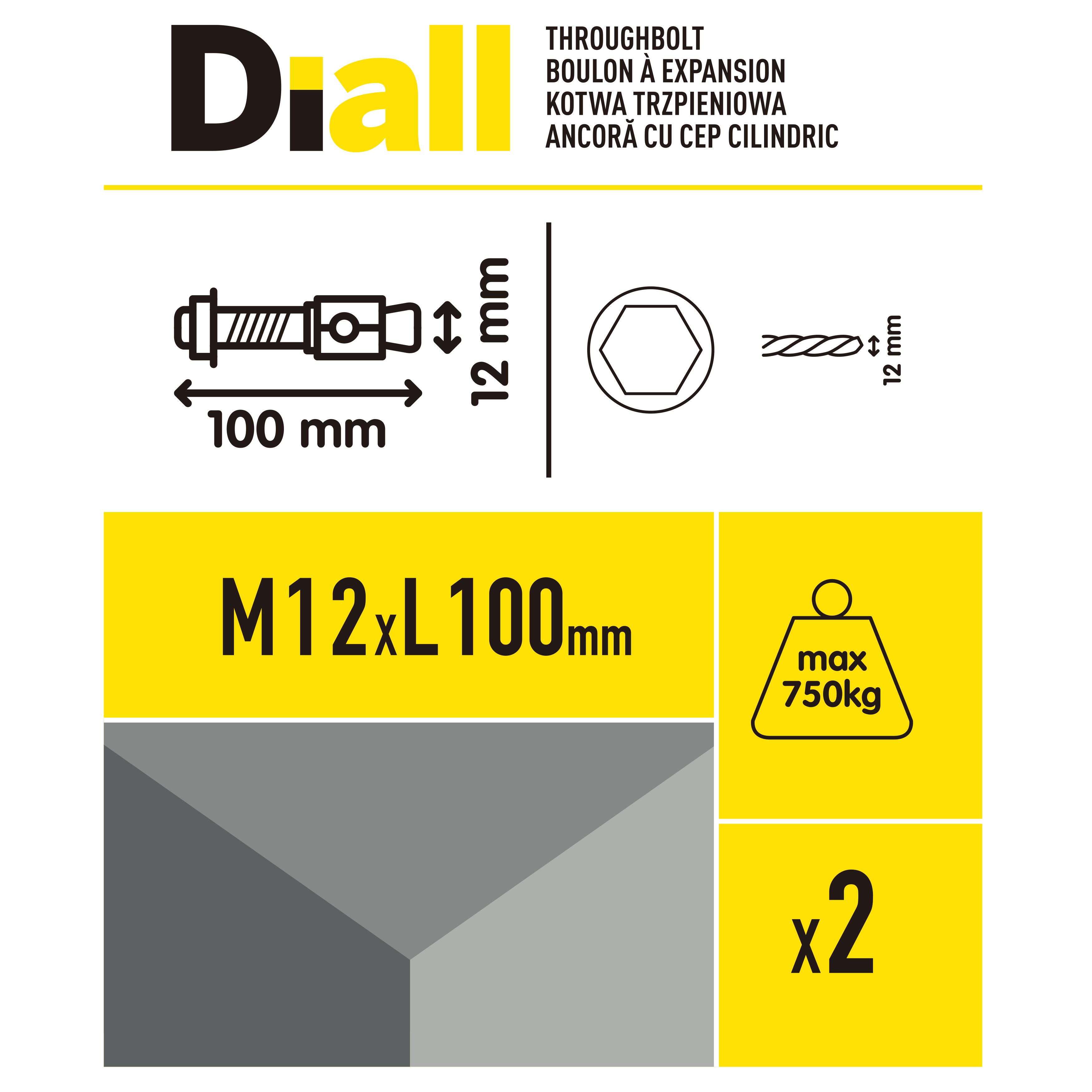 Diall M12 Steel Through bolt, nut & washer (L)100mm, Pack of 2