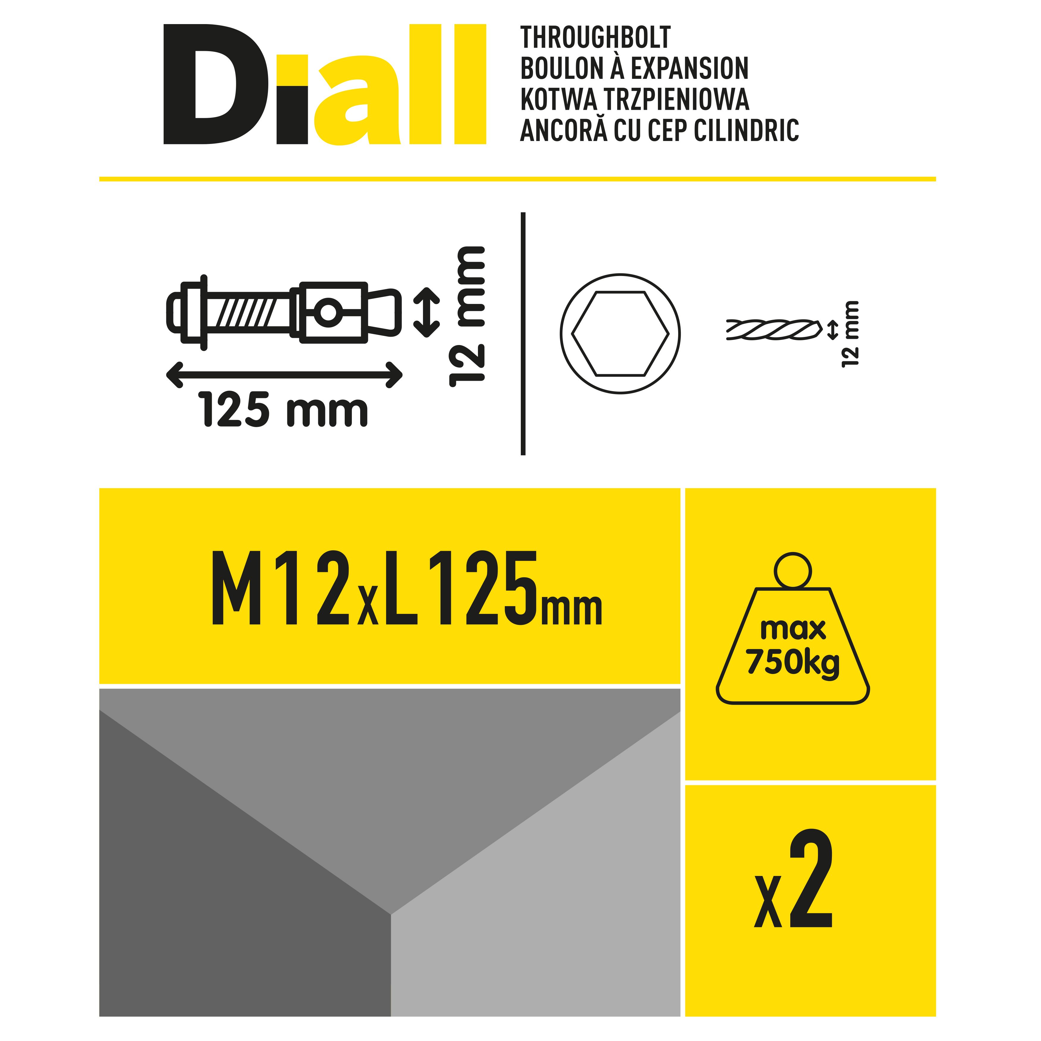 Diall M12 Steel Through bolt, nut & washer (L)125mm, Pack of 2