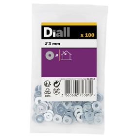 Diall M3 Carbon steel Flat Washer, (Dia)3mm, Pack of 100