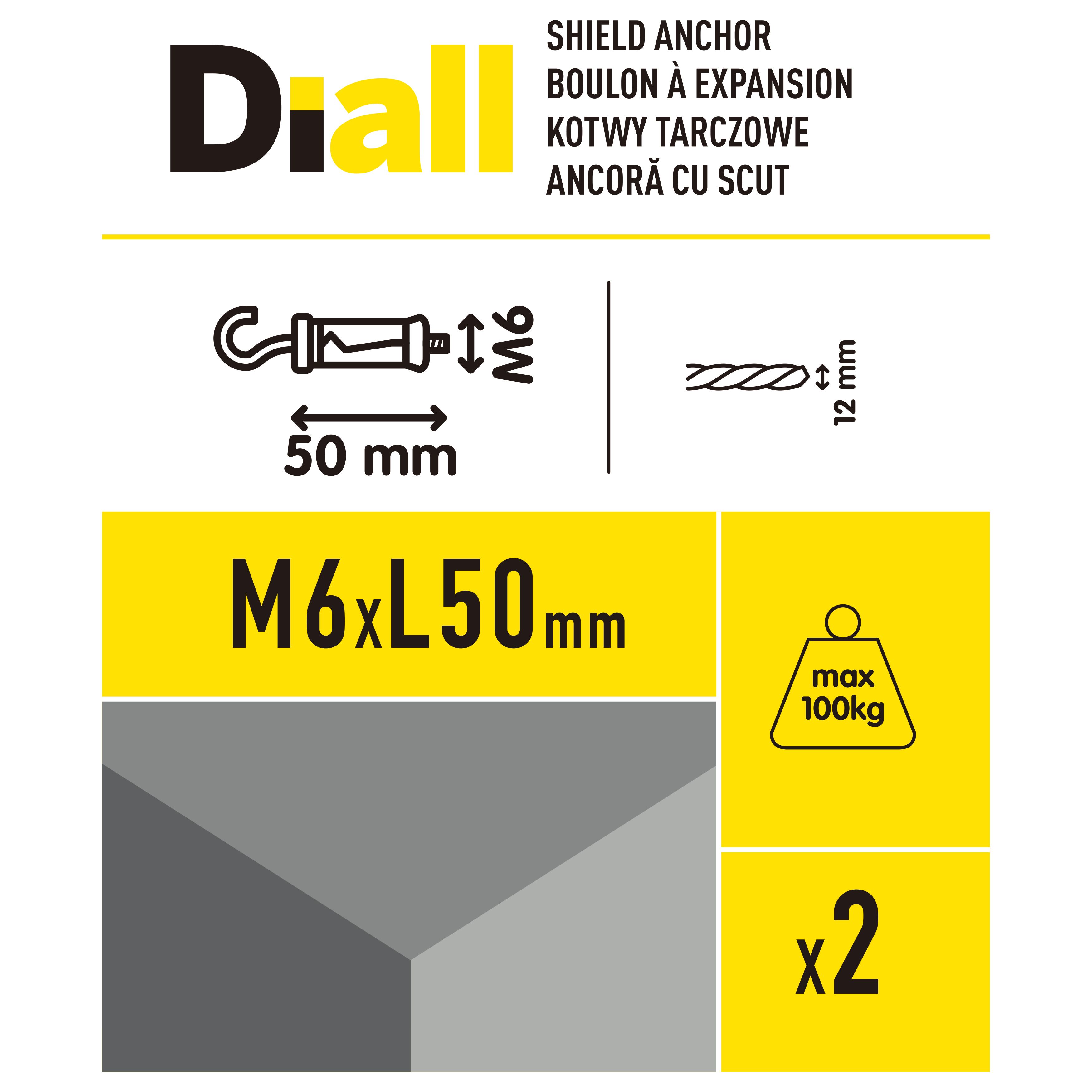 Diall M6 Hex C-hook Steel Shield anchor (L)50mm, Pack of 2
