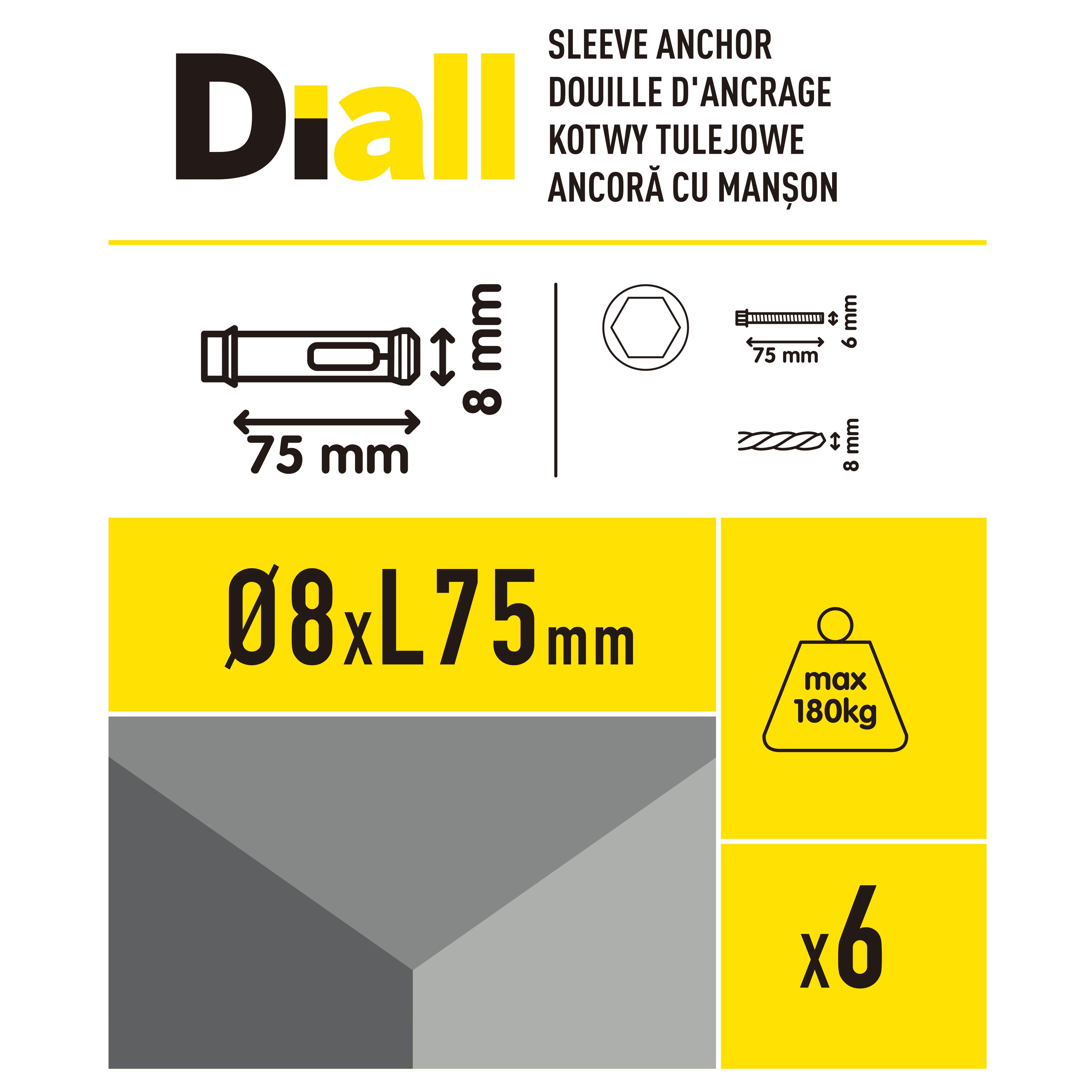 Diall M6 Hex Carbon steel Zinc-plated Sleeve anchor (L)75mm, Pack of 6