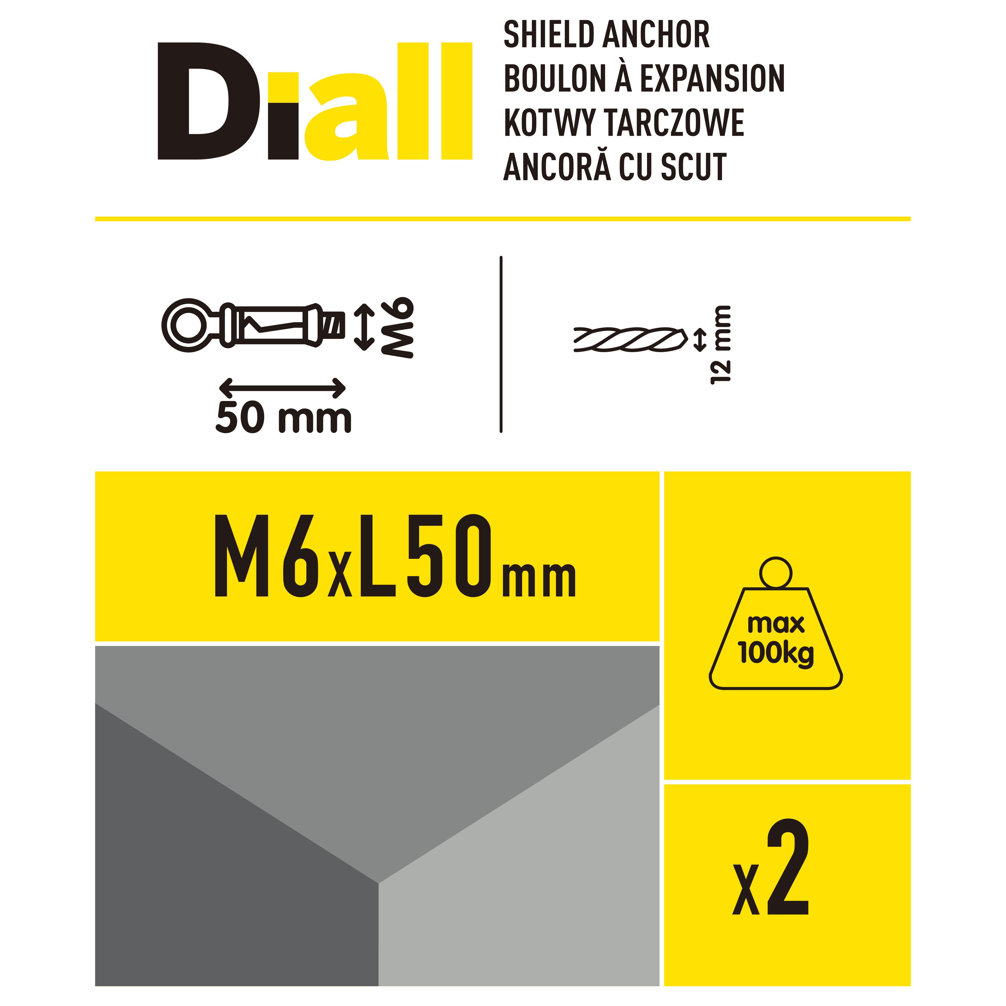 Diall M6 Hex O-hook Steel Shield anchor (L)50mm, Pack of 2