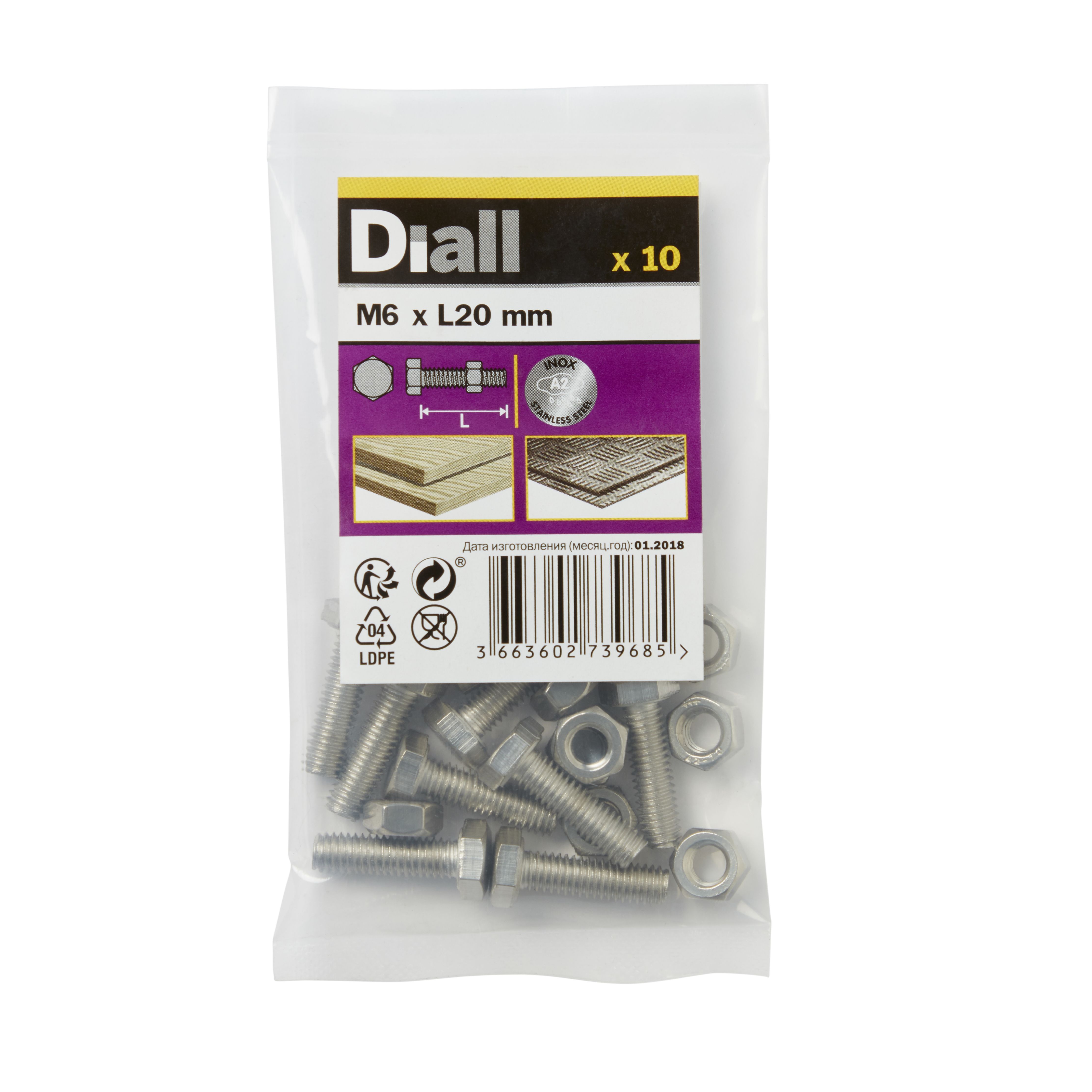 Diall M6 Hex Stainless steel Bolt & nut (L)20mm (Dia)6mm, Pack of 10