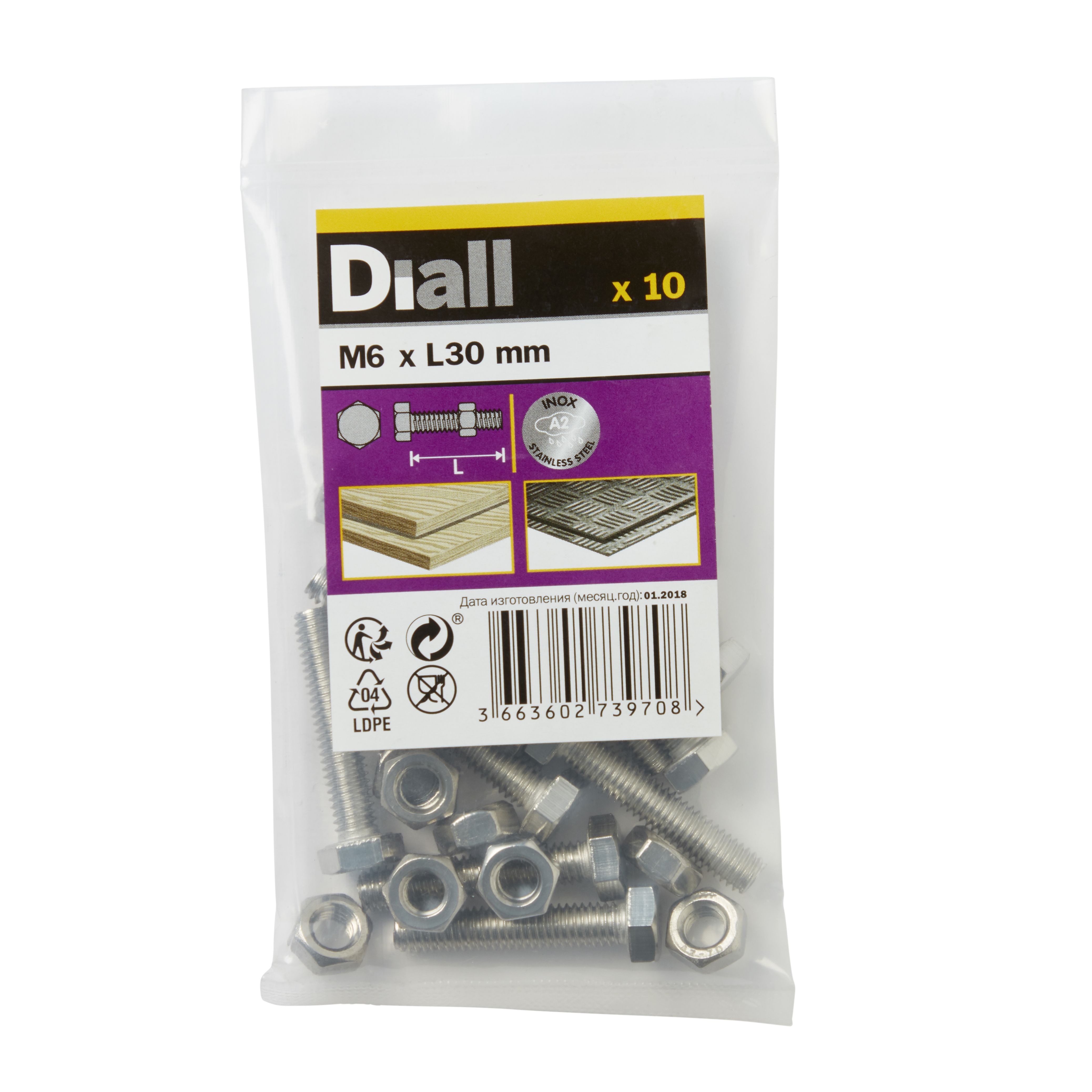 Diall M6 Hex Stainless steel Bolt & nut (L)30mm (Dia)6mm, Pack of 10