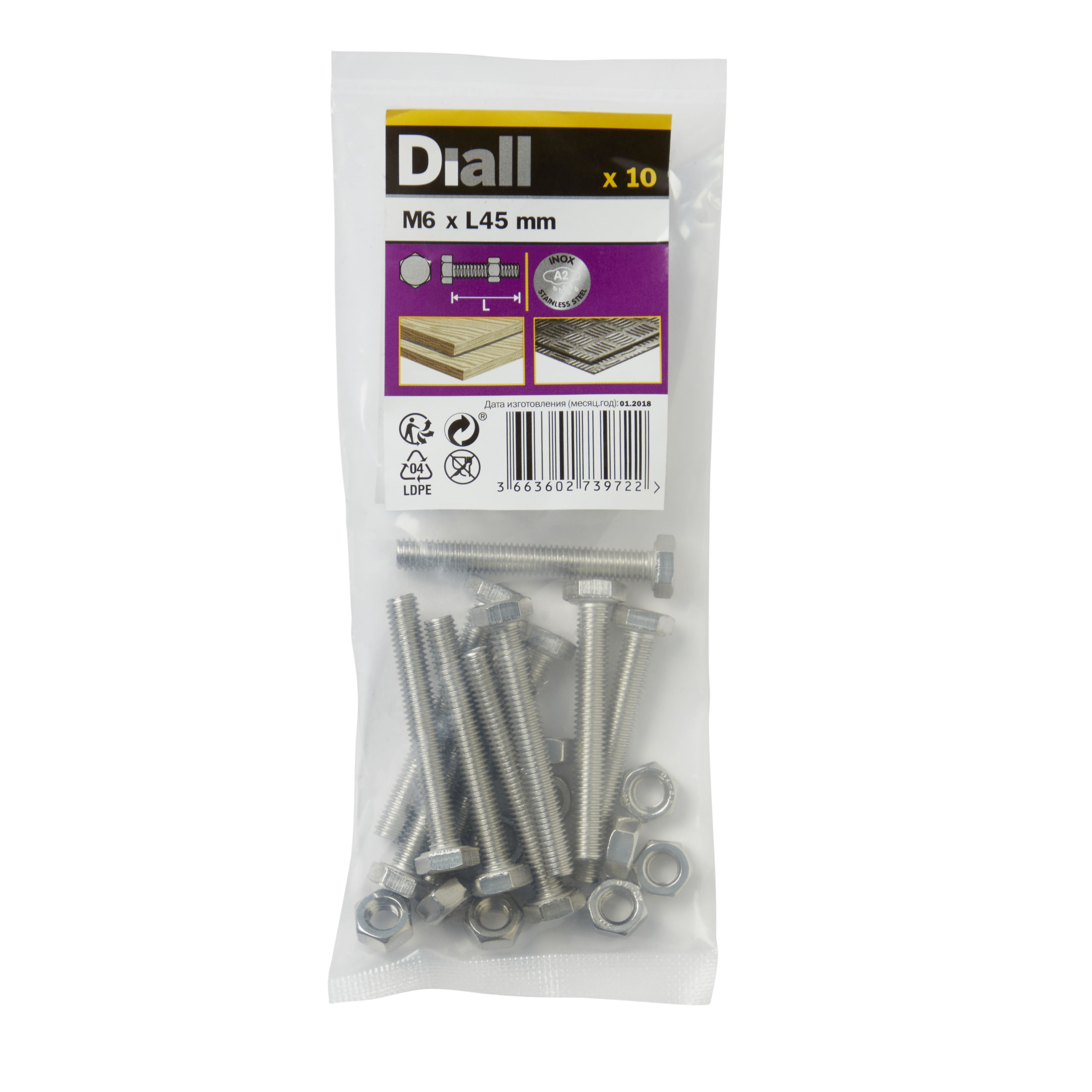 Diall M6 Hex Stainless steel Bolt & nut (L)45mm (Dia)6mm, Pack of 10