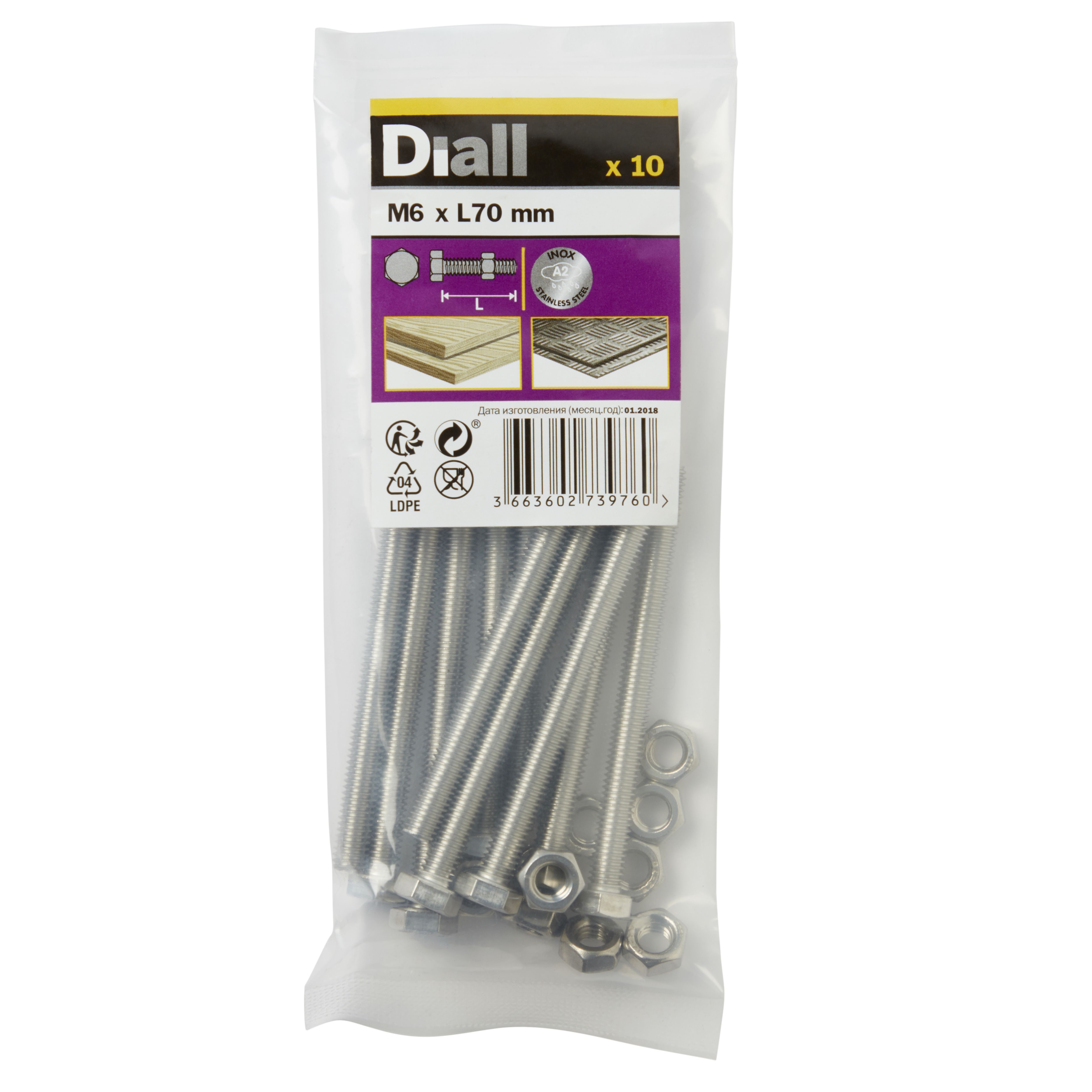 Diall M6 Hex Stainless steel Bolt & nut (L)70mm (Dia)6mm, Pack of 10 ...