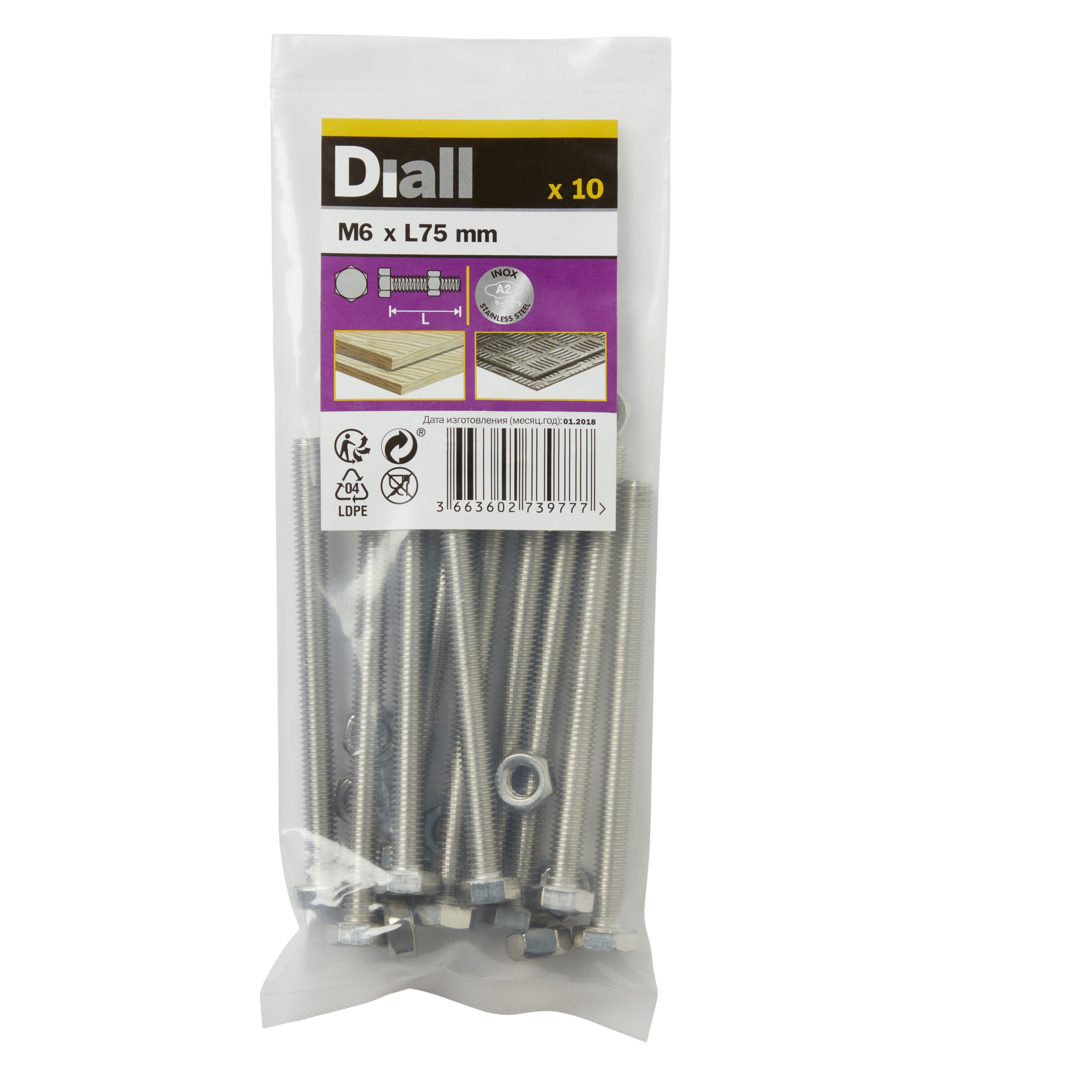 Diall M6 Hex Stainless steel Bolt & nut (L)75mm (Dia)6mm, Pack of 10 ...