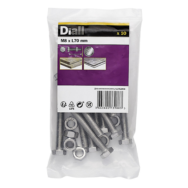 Diall M8 Hex A2 stainless steel Bolt & nut (L)70mm (Dia)8mm, Pack