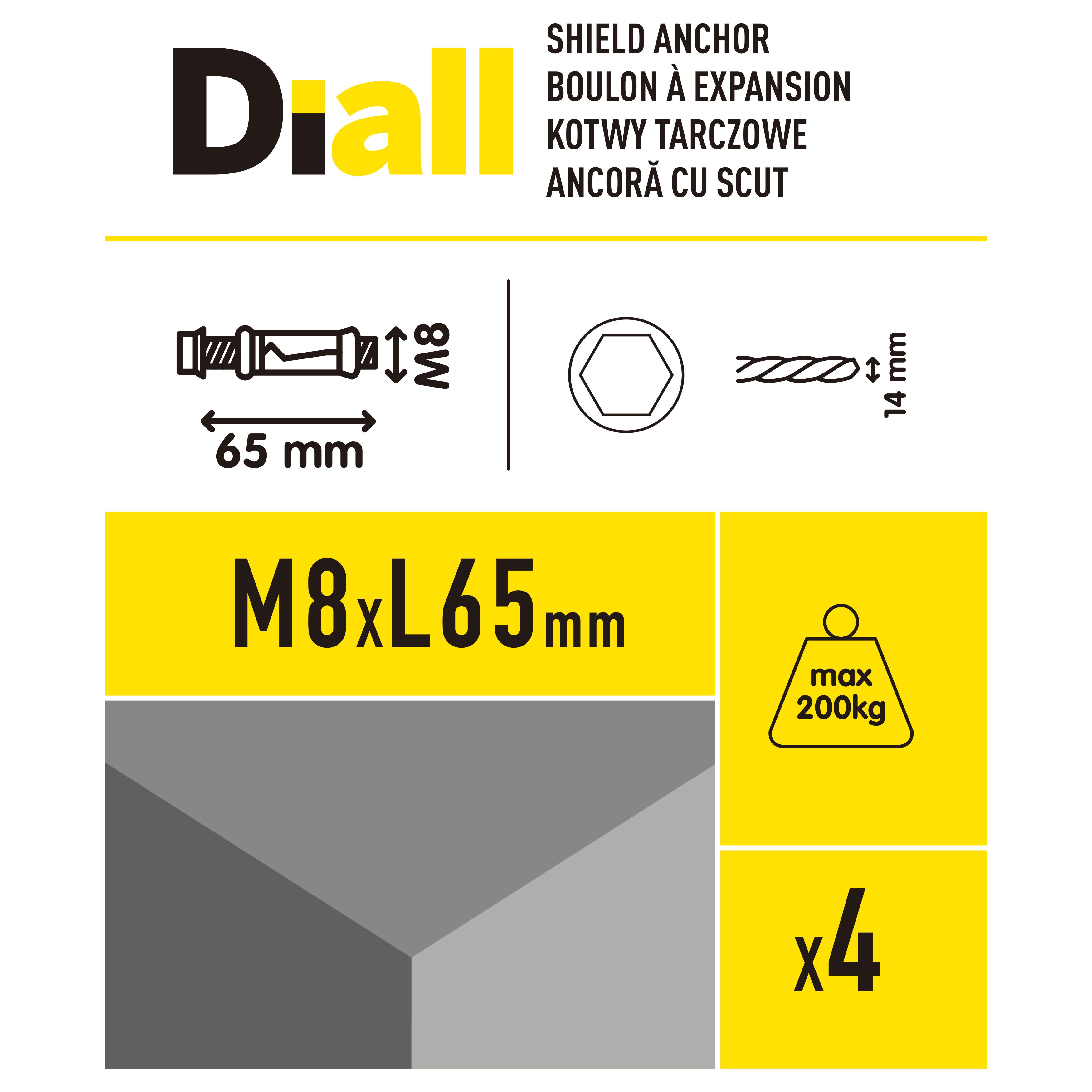 Diall M8 Hex Bolt Steel Shield anchor (L)65mm, Pack of 4