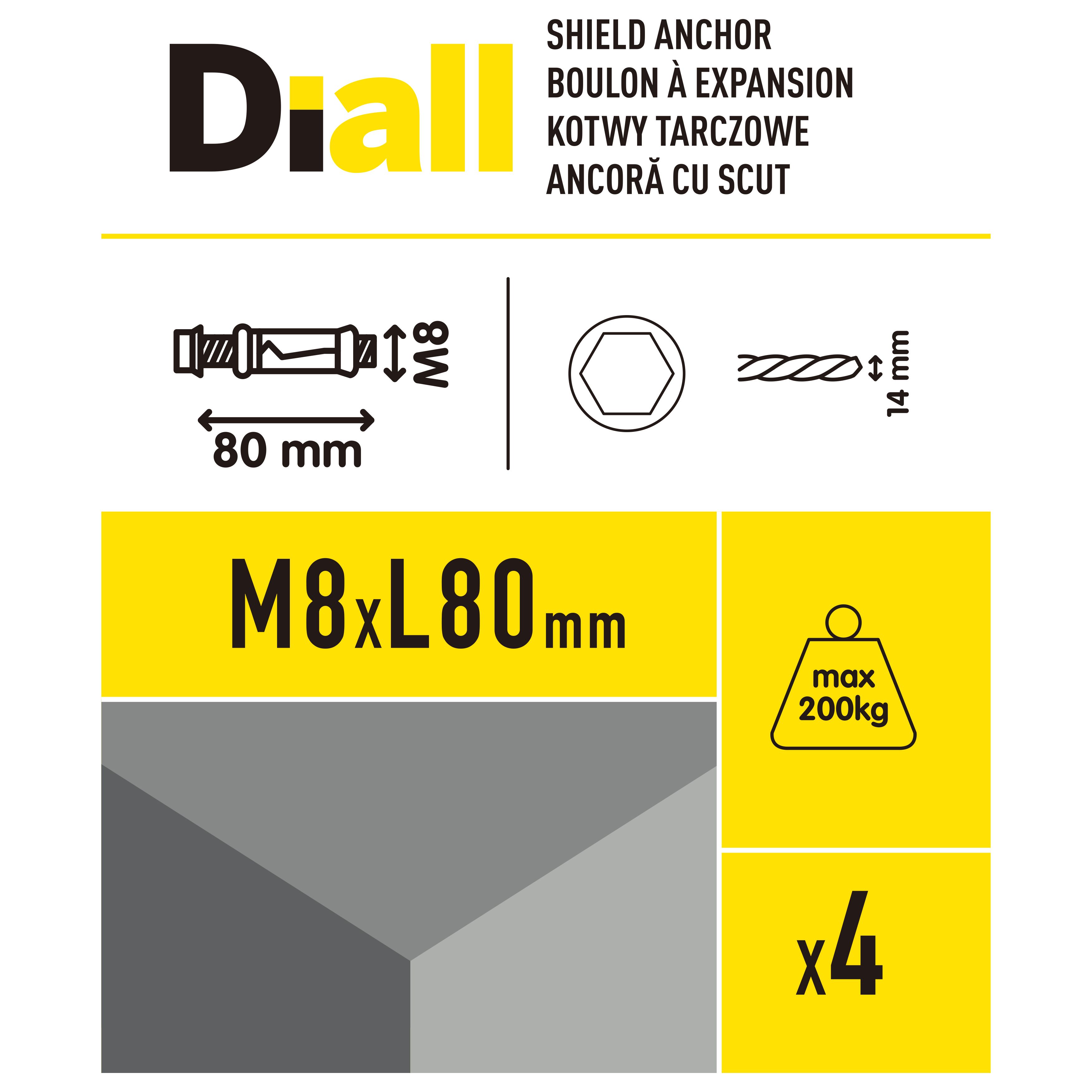 Diall M8 Hex Bolt Steel Shield anchor (L)80mm, Pack of 4