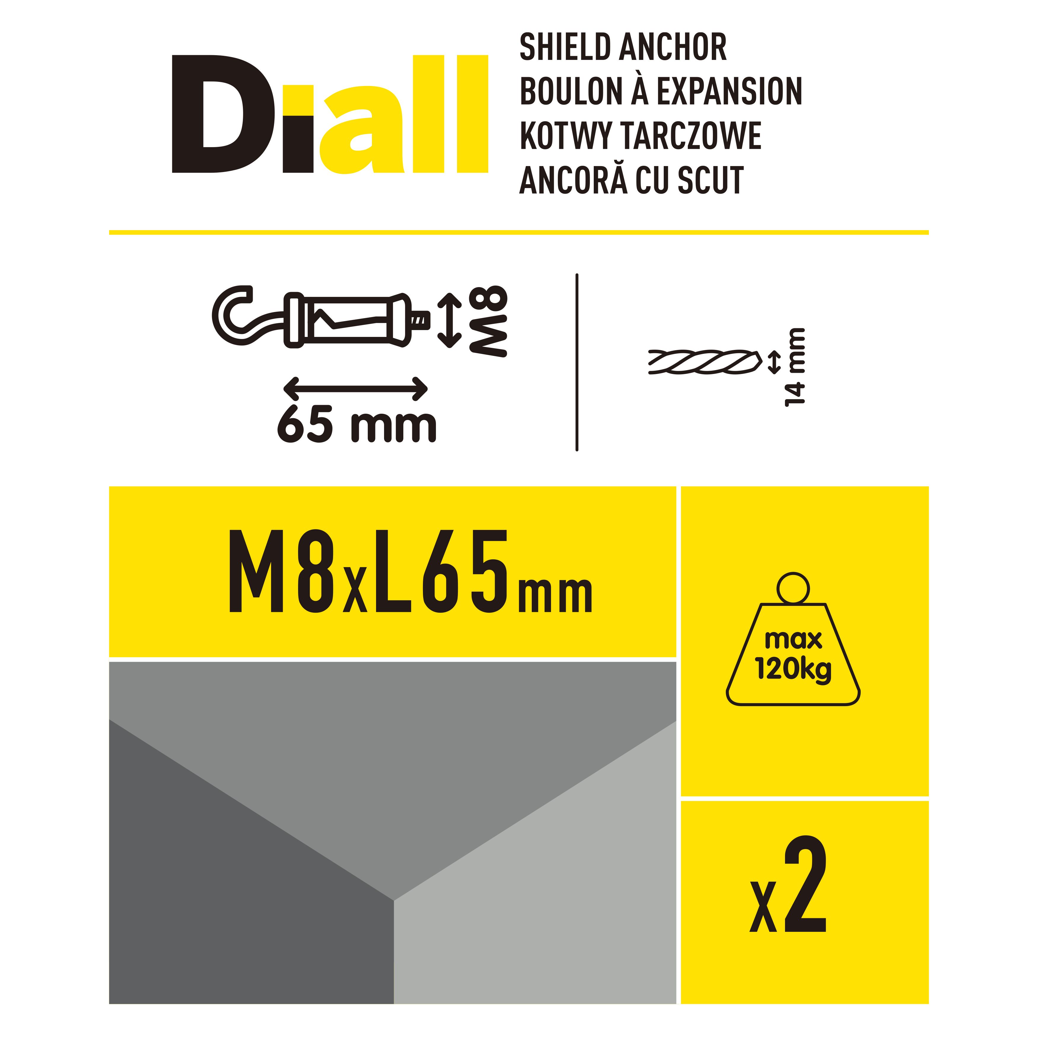 Diall M8 Hex C-hook Steel Shield anchor (L)65mm, Pack of 2