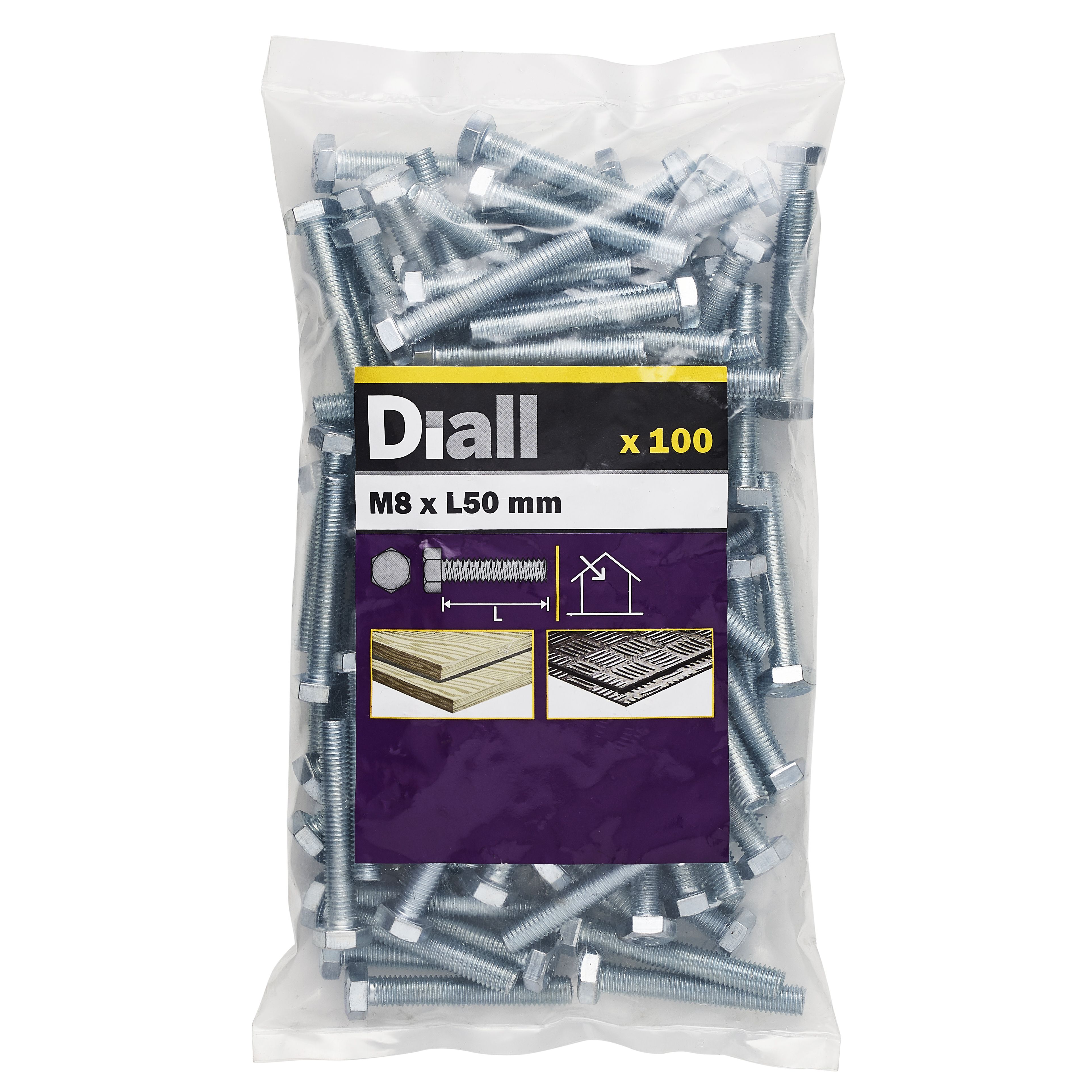 Diall M8 Hex Carbon steel (grade 5.8) Bolt & nut (L)50mm, Pack of 100 ...