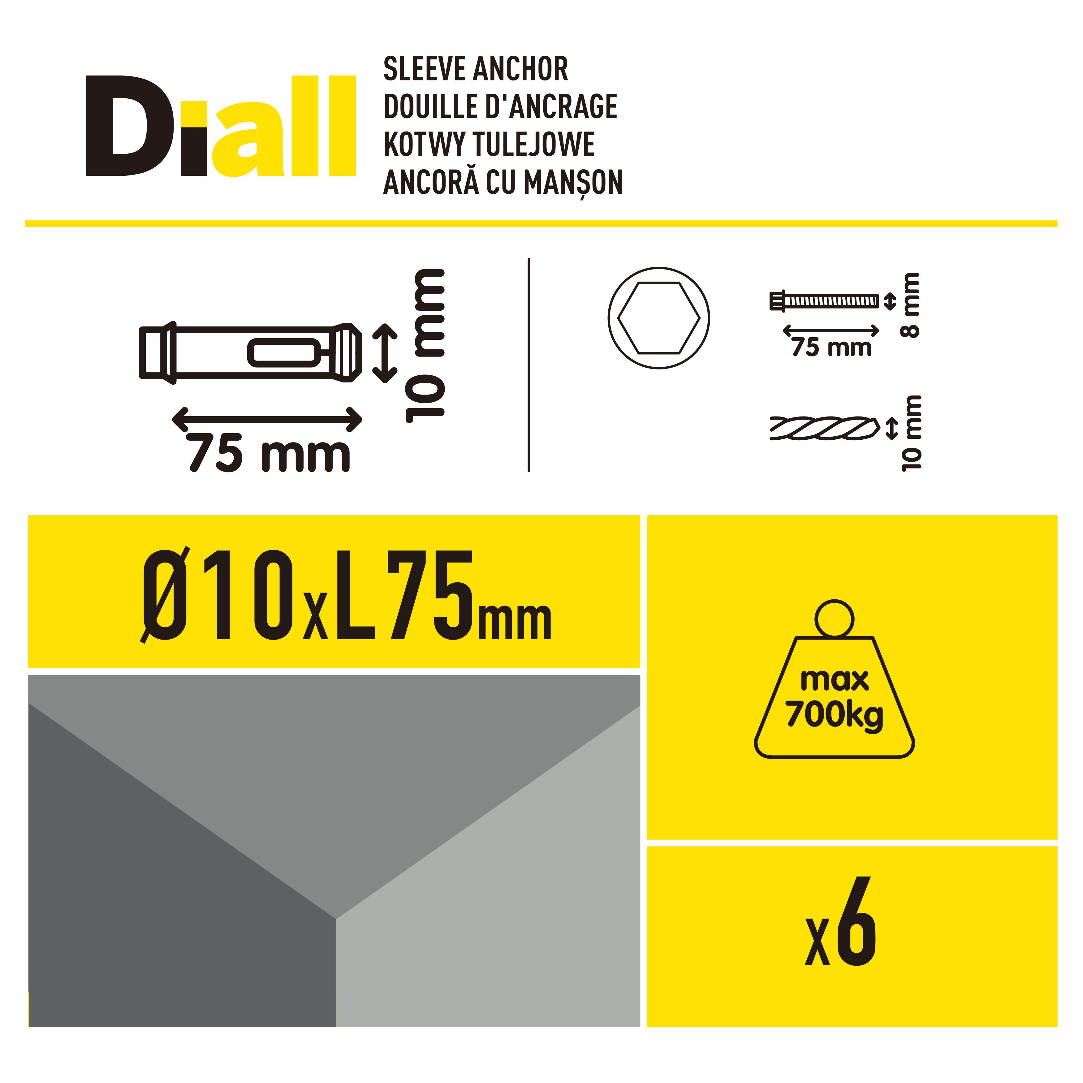 Diall M8 Hex Carbon steel Zinc-plated Sleeve anchor (L)75mm, Pack of 6