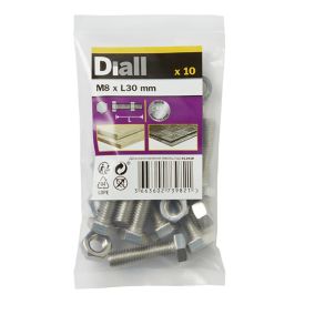 Diall M8 Hex Stainless steel Bolt & nut (L)30mm (Dia)8mm, Pack of 10