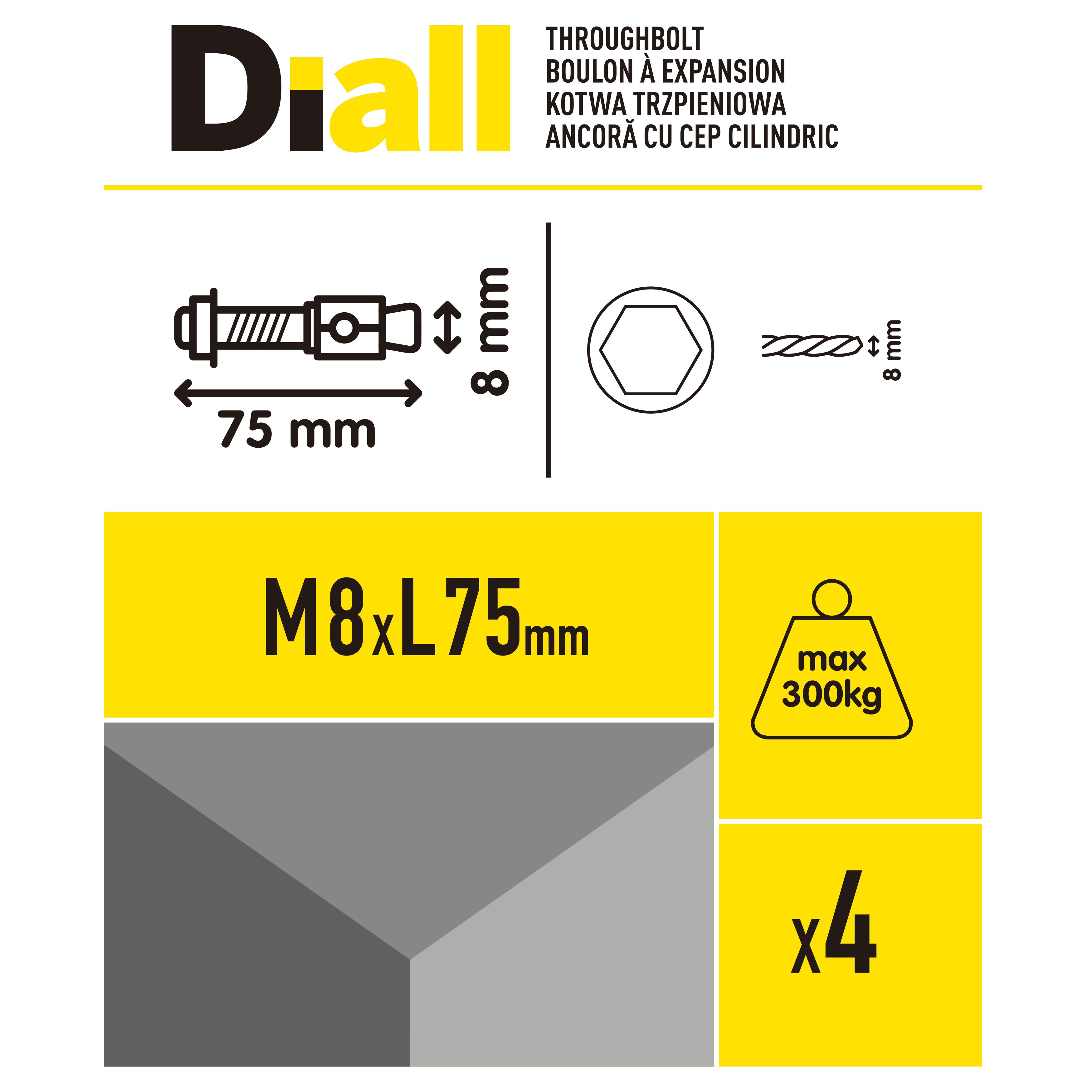 Diall M8 Steel Through bolt, nut & washer (L)75mm, Pack of 4