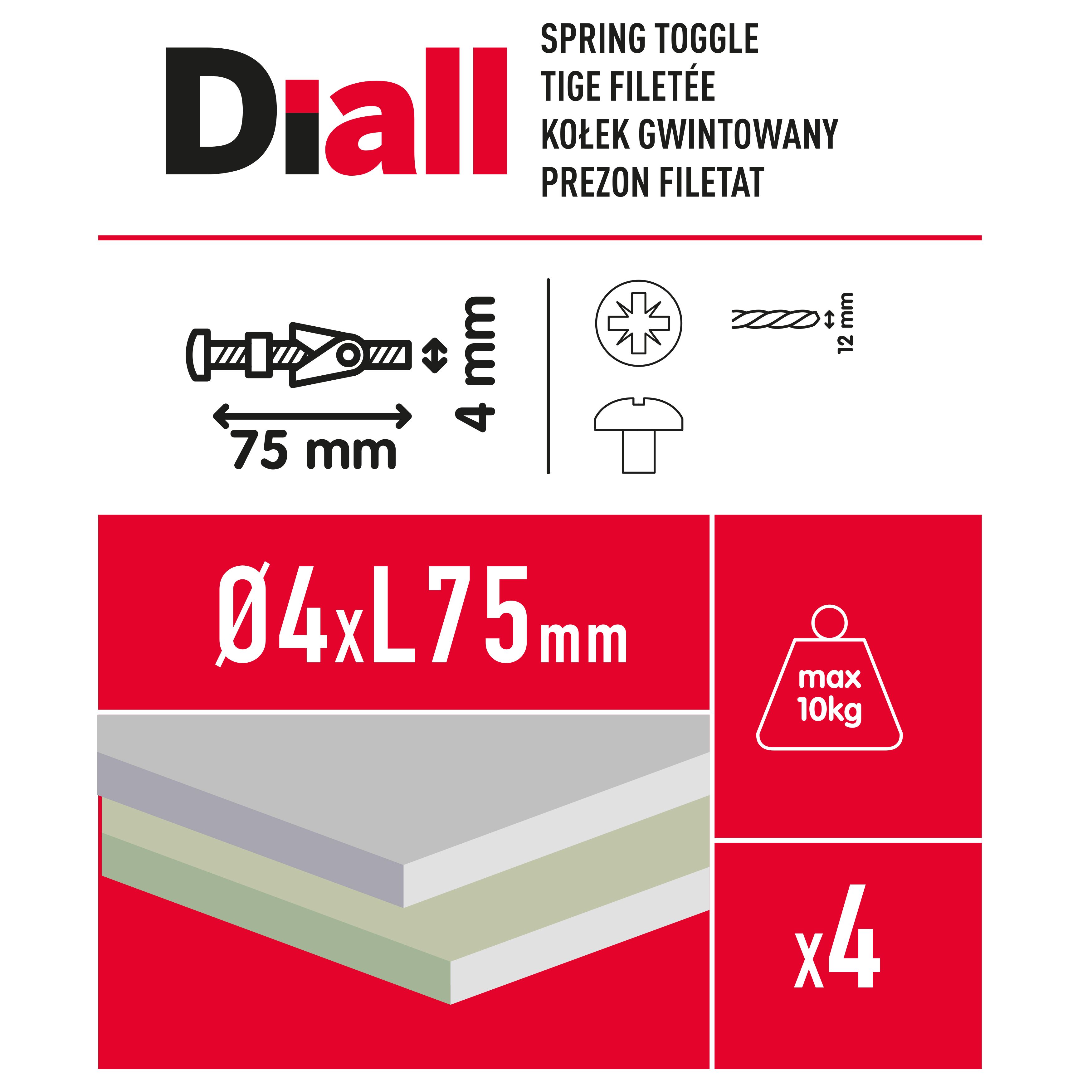 Diall Pan head Spring toggle (Dia)4mm (L)75mm, Pack of 4