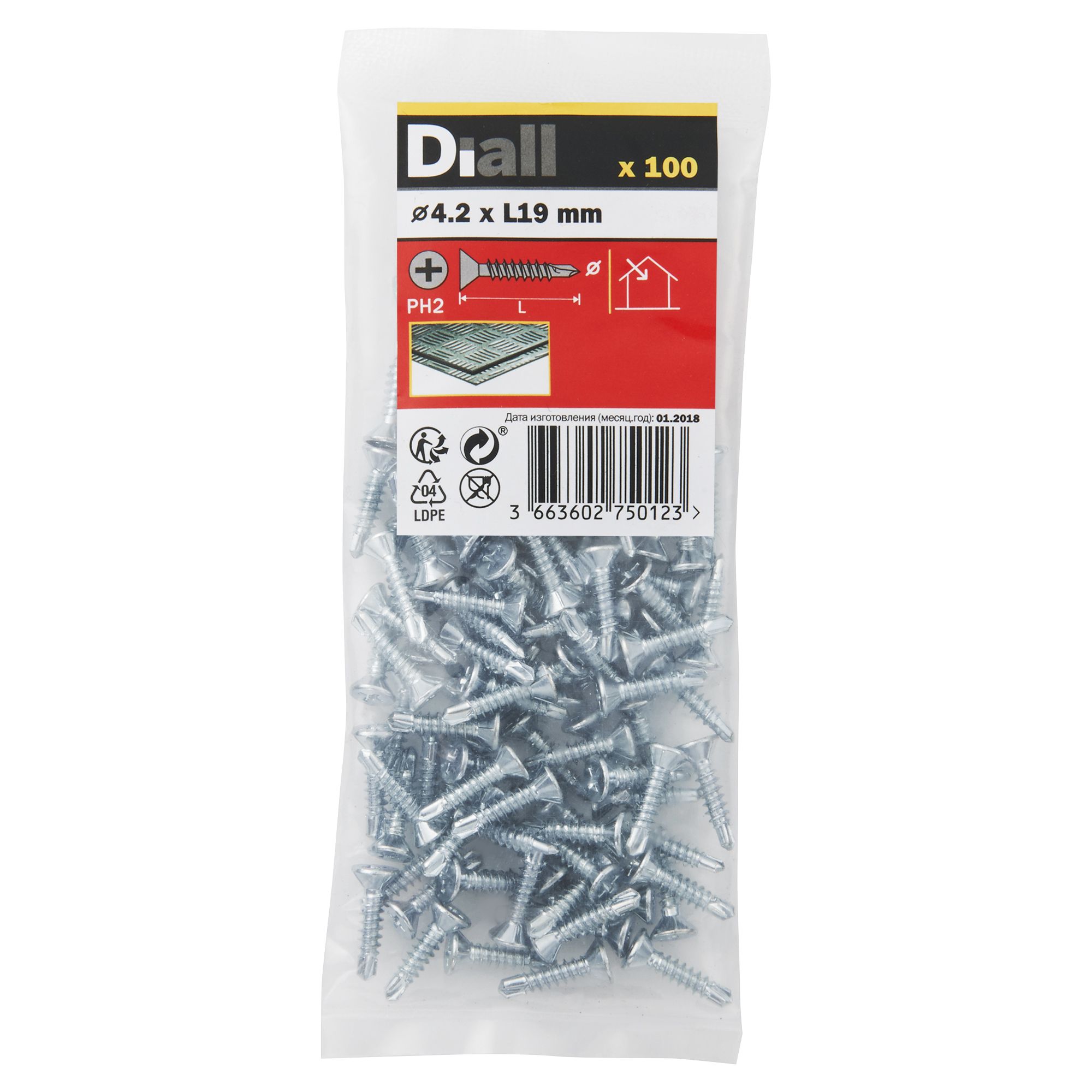 Diall Phillips Countersunk Zinc-plated Carbon steel (C1022) Self-drilling screw (Dia)4.2mm (L)19mm, Pack of 100