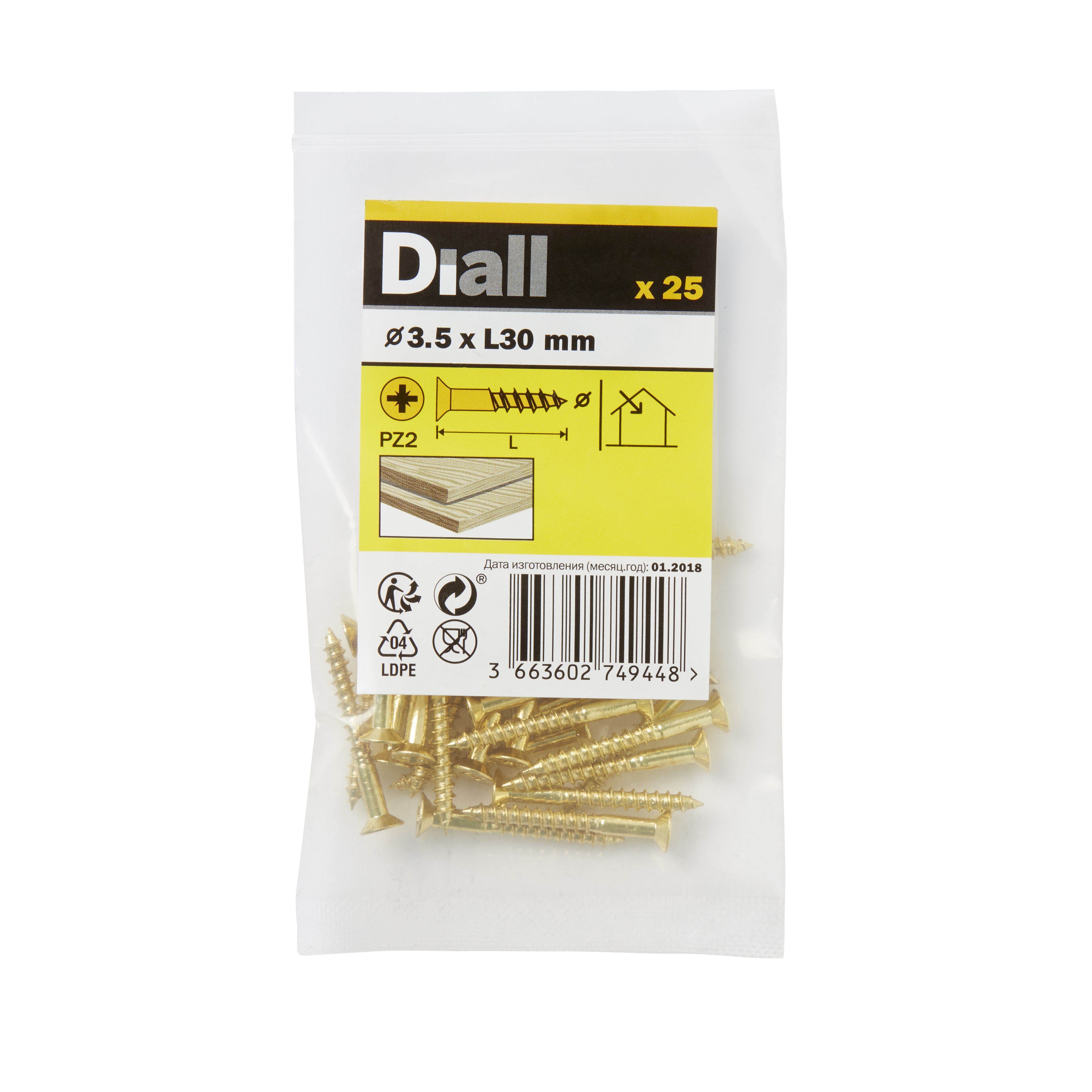 Diall Pozidriv Brass Screw (Dia)3.5mm (L)30mm, Pack of 25