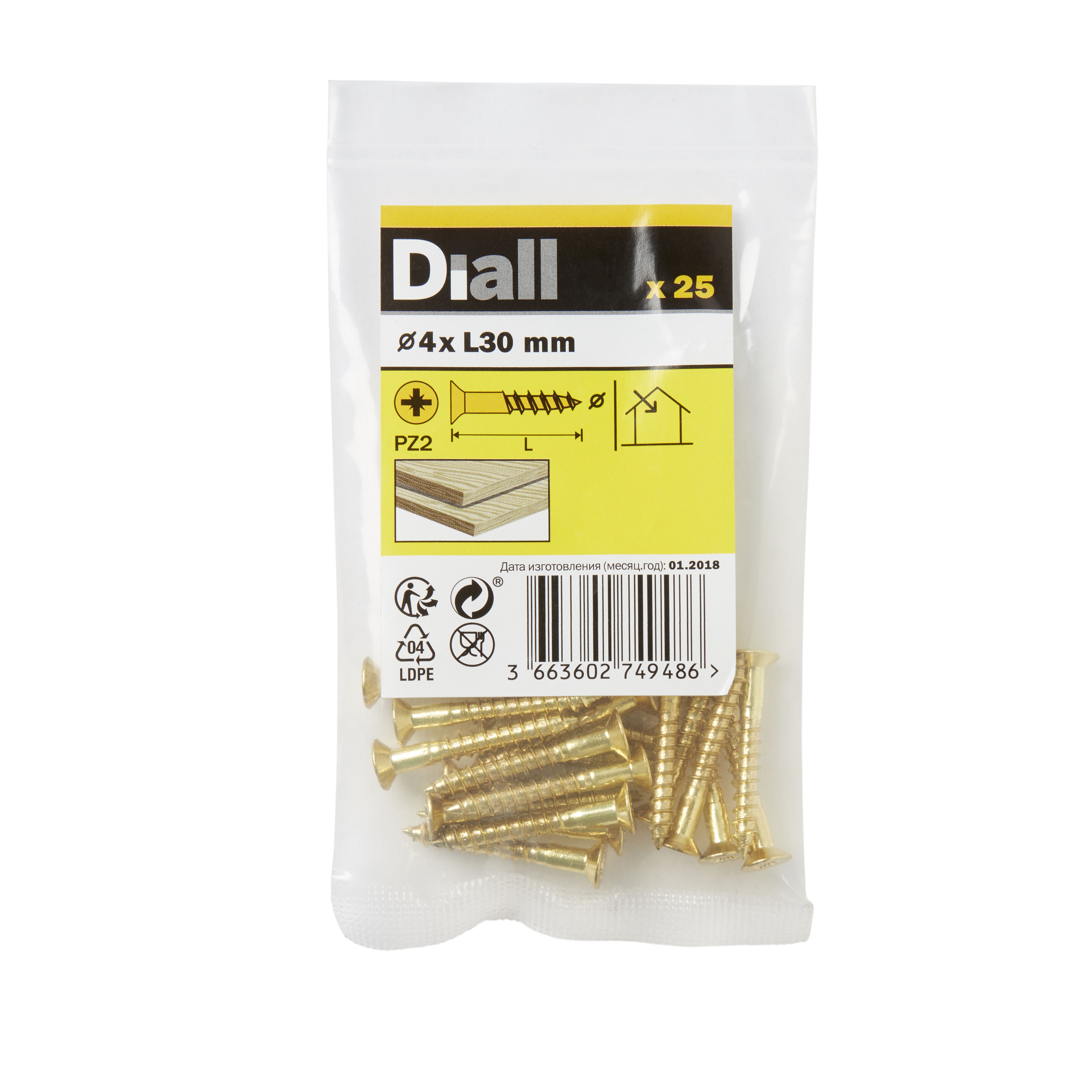 Diall Pozidriv Brass Screw (Dia)4mm (L)30mm, Pack of 25