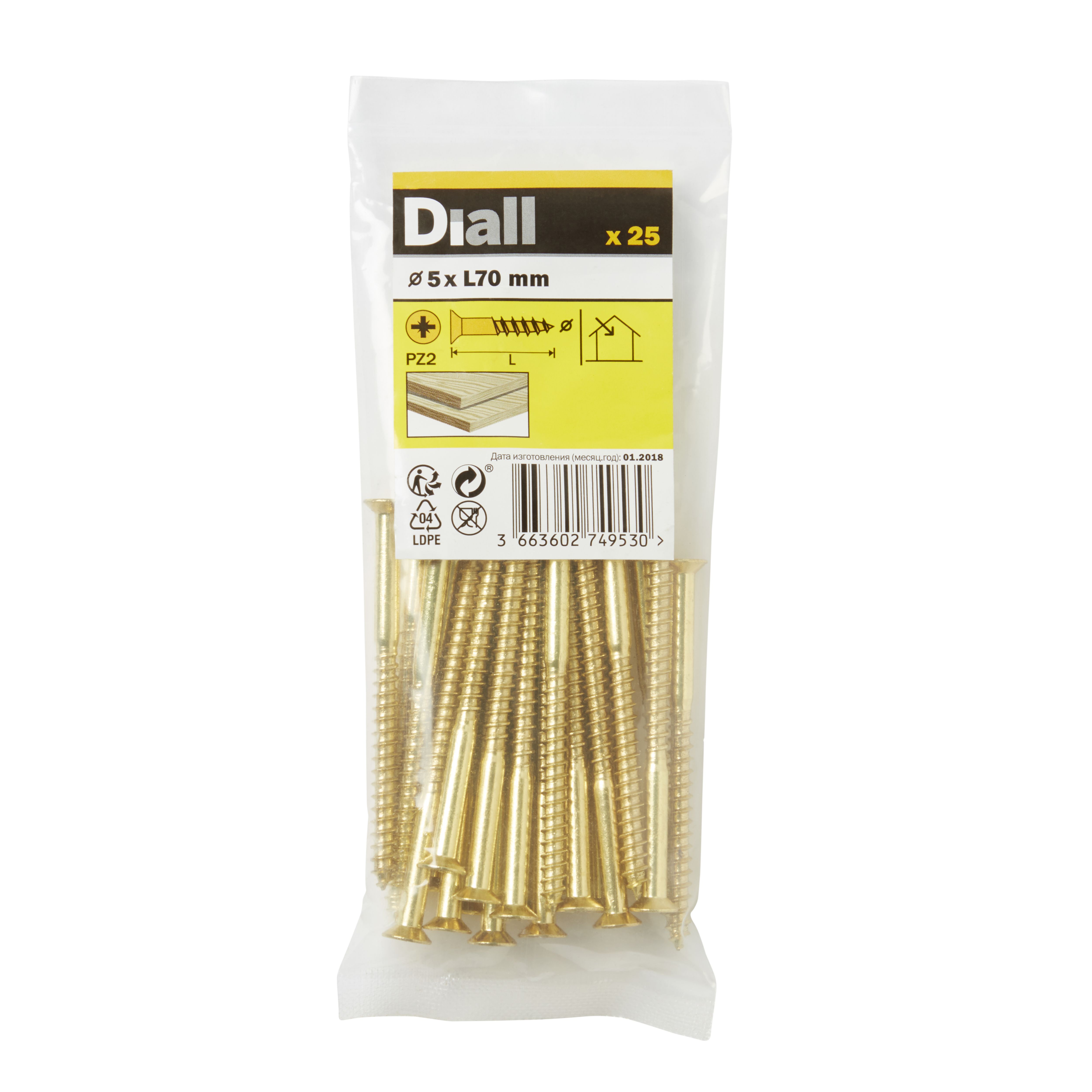 Diall Pozidriv Brass Screw (Dia)5mm (L)70mm, Pack of 25