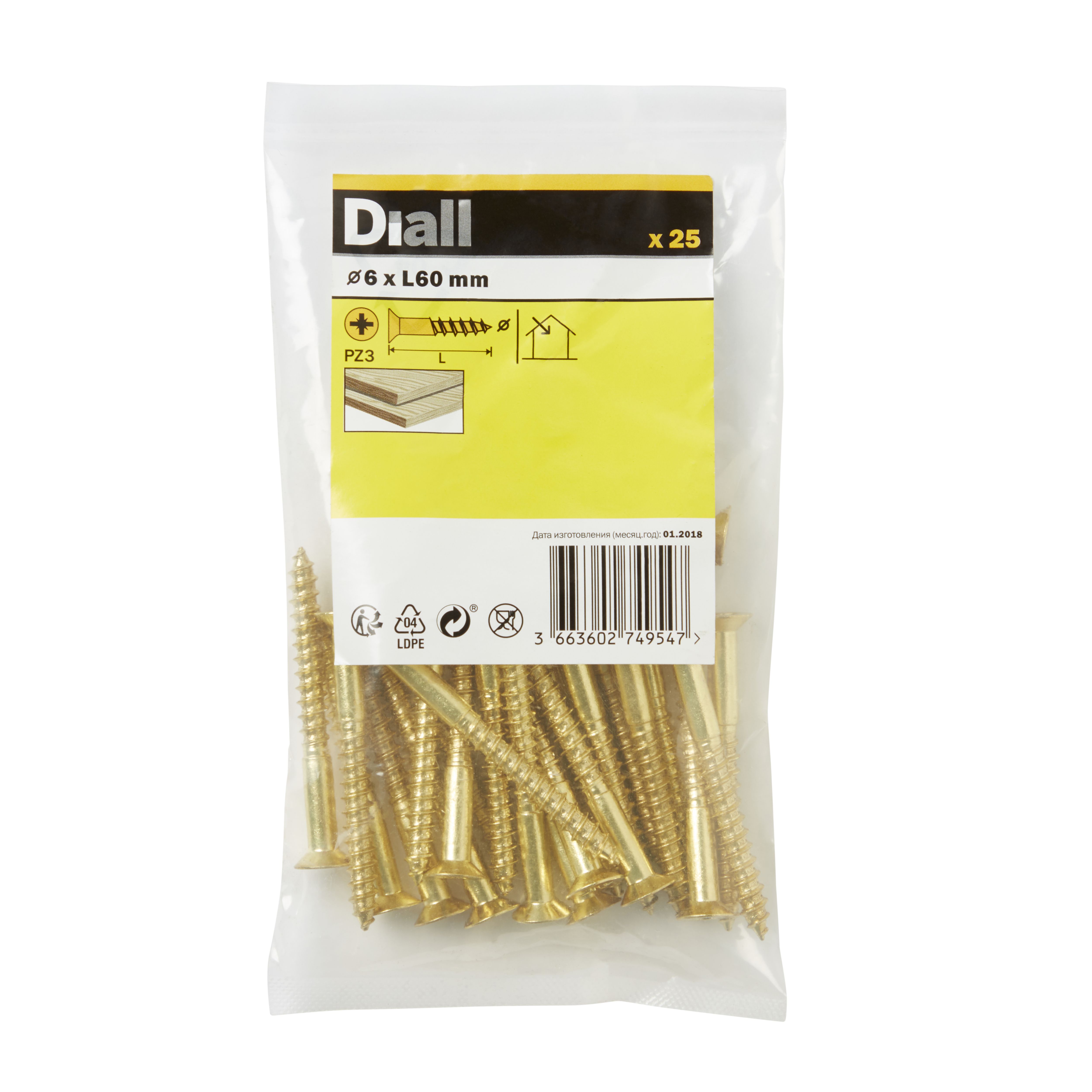 Diall Pozidriv Brass Screw (Dia)6mm (L)60mm, Pack of 25